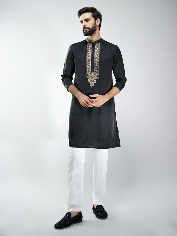 Men Black Silk Embroidered Kurta with Cream Satin Pyjama