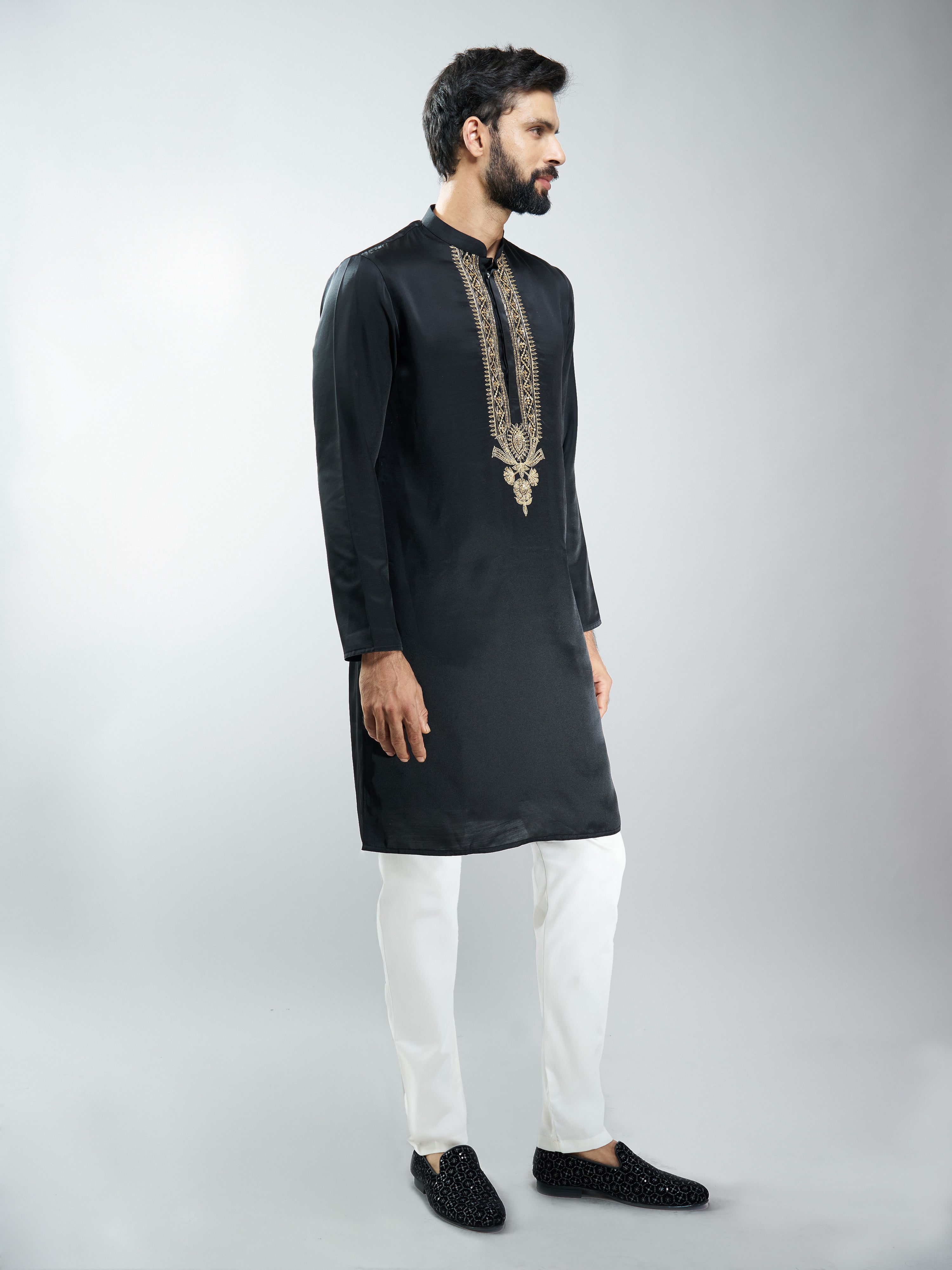 Men Black Silk Embroidered Kurta with Cream Satin Pyjama