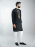 Men Black Silk Embroidered Kurta with Cream Satin Pyjama