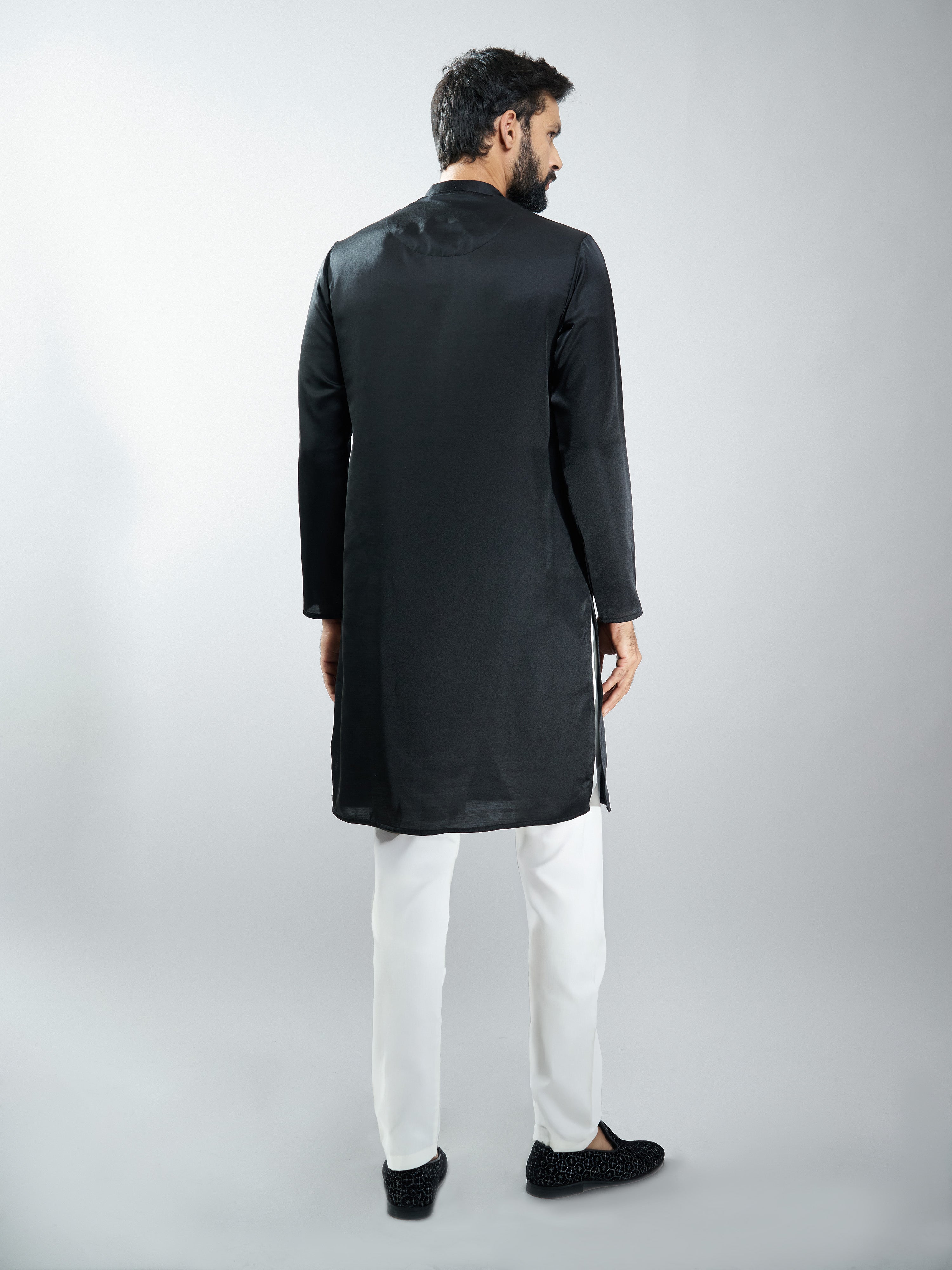 Men Black Silk Embroidered Kurta with Cream Satin Pyjama
