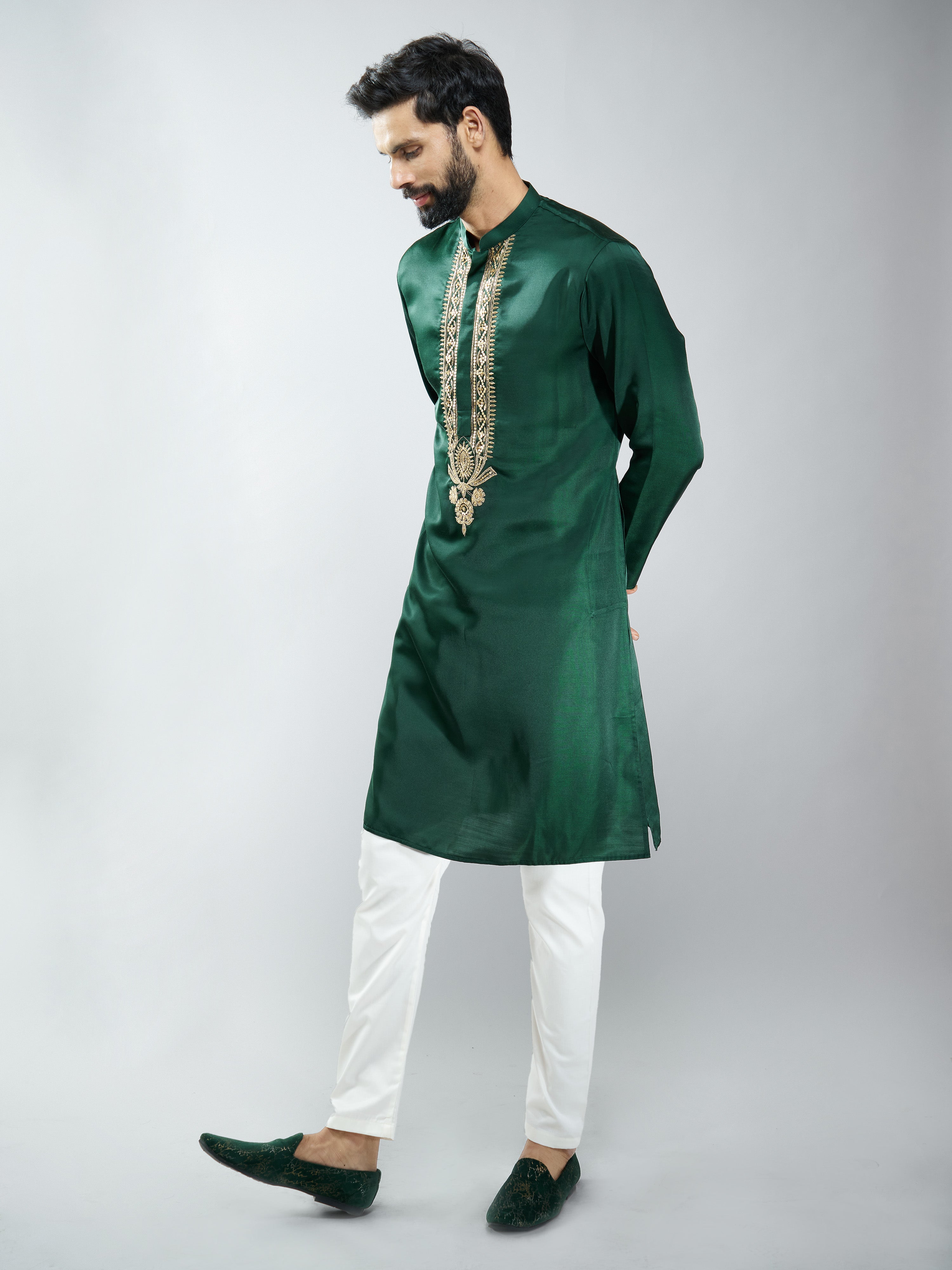 Men Silk Embroidered Kurta with Cream Satin Pyjama