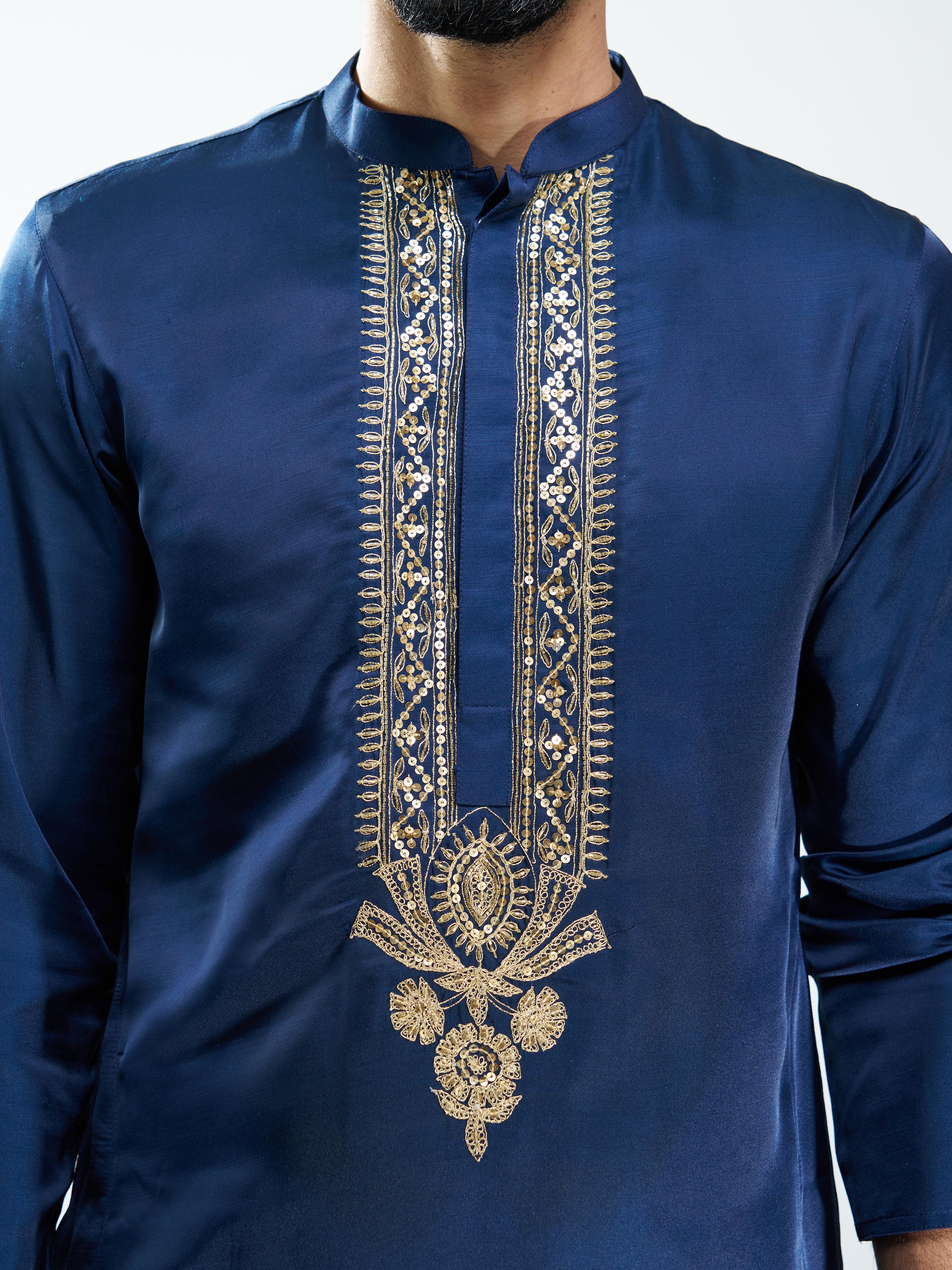 Men Silk Embroidered Kurta with Cream Satin Pyjama