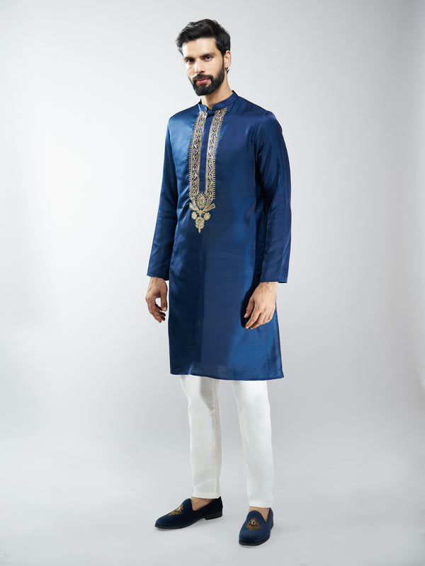 Men Silk Embroidered Kurta with Cream Satin Pyjama