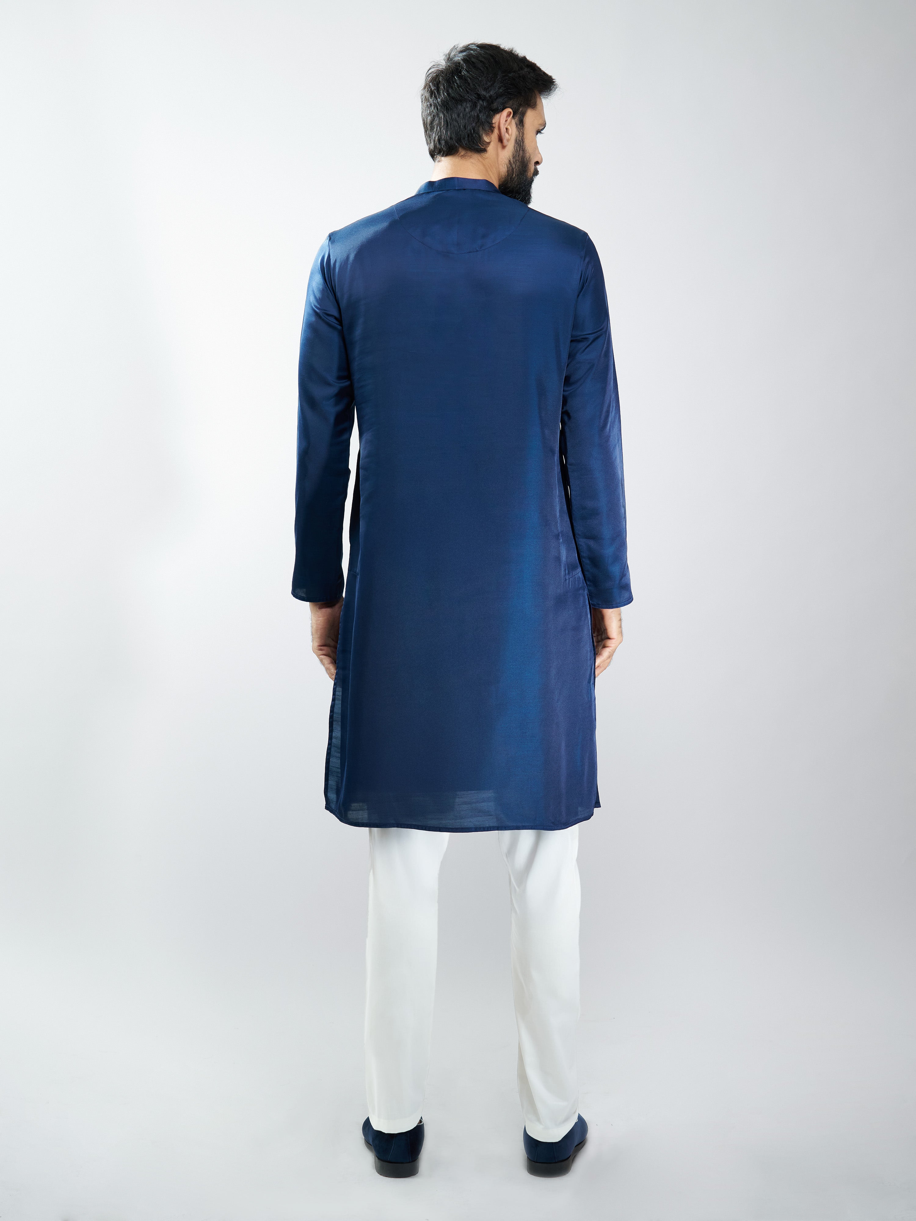 Men Silk Embroidered Kurta with Cream Satin Pyjama
