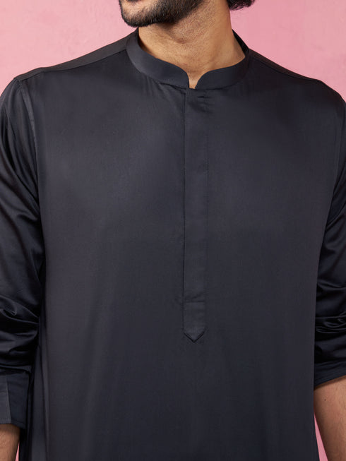 Men's Black Fine Satin Kurta Set with Matching Pant