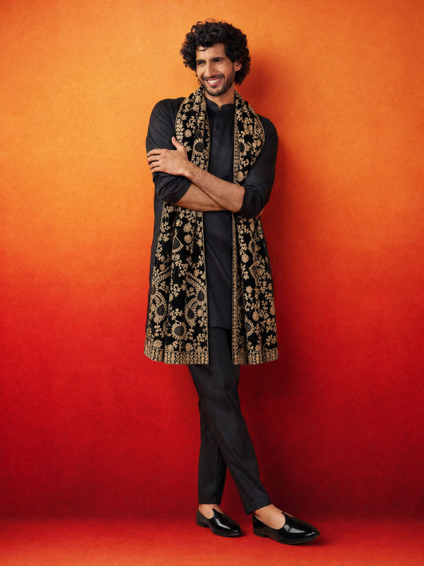 Men Black Satin Mid Length Kurta & Pant with Dupatta Festive Ethnic Wear