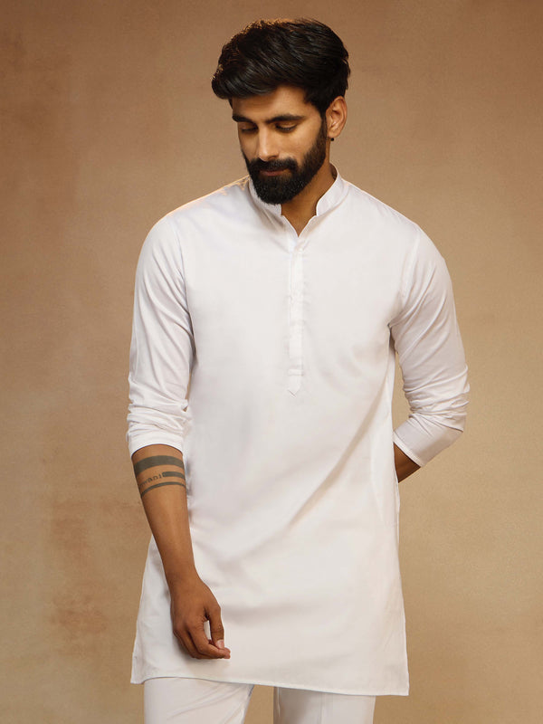 Men White Satin Solid Kurta Pyjama Set Mandarin Collar