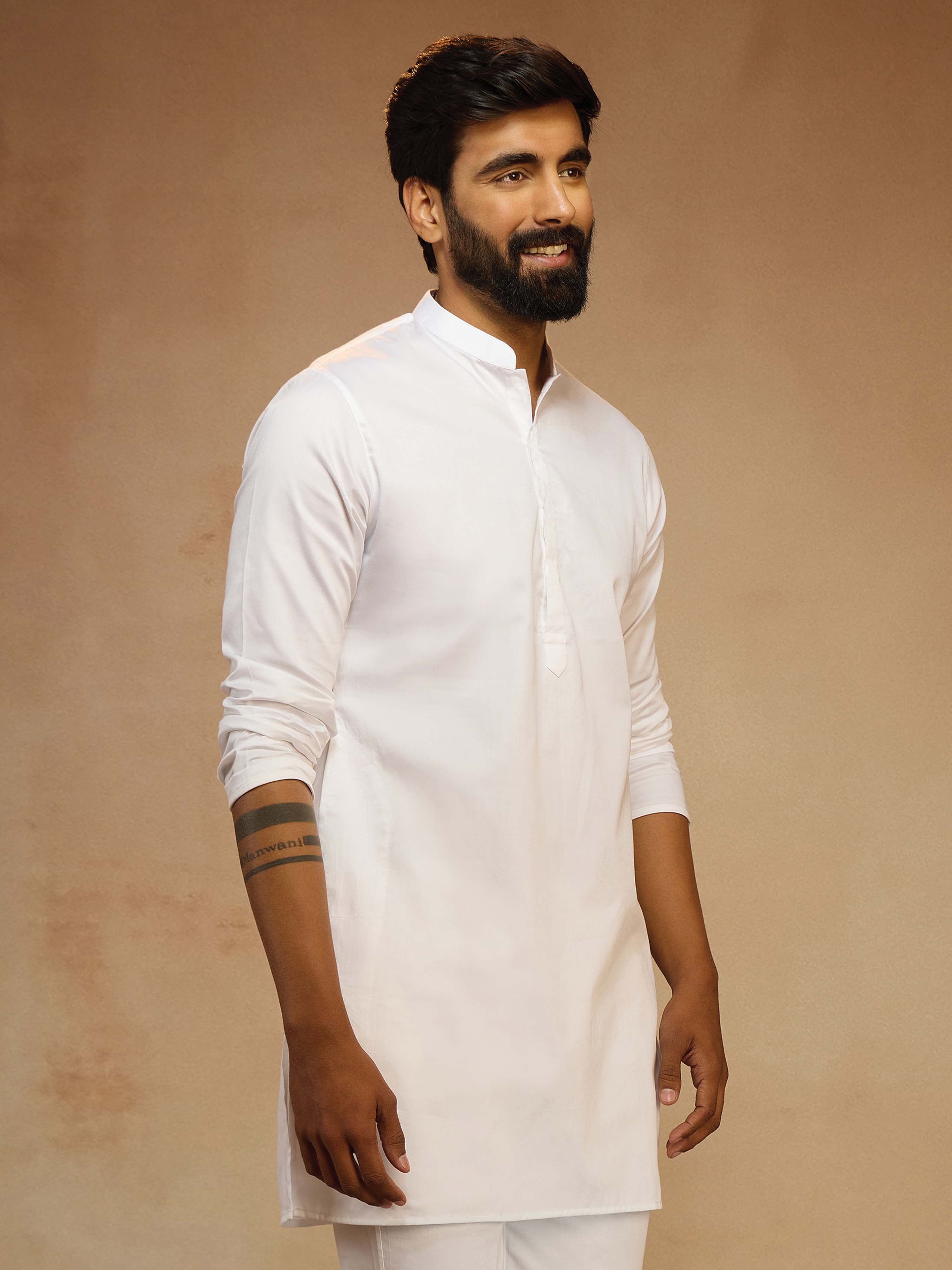 Men's White Satin Solid Thigh Length Kurta
