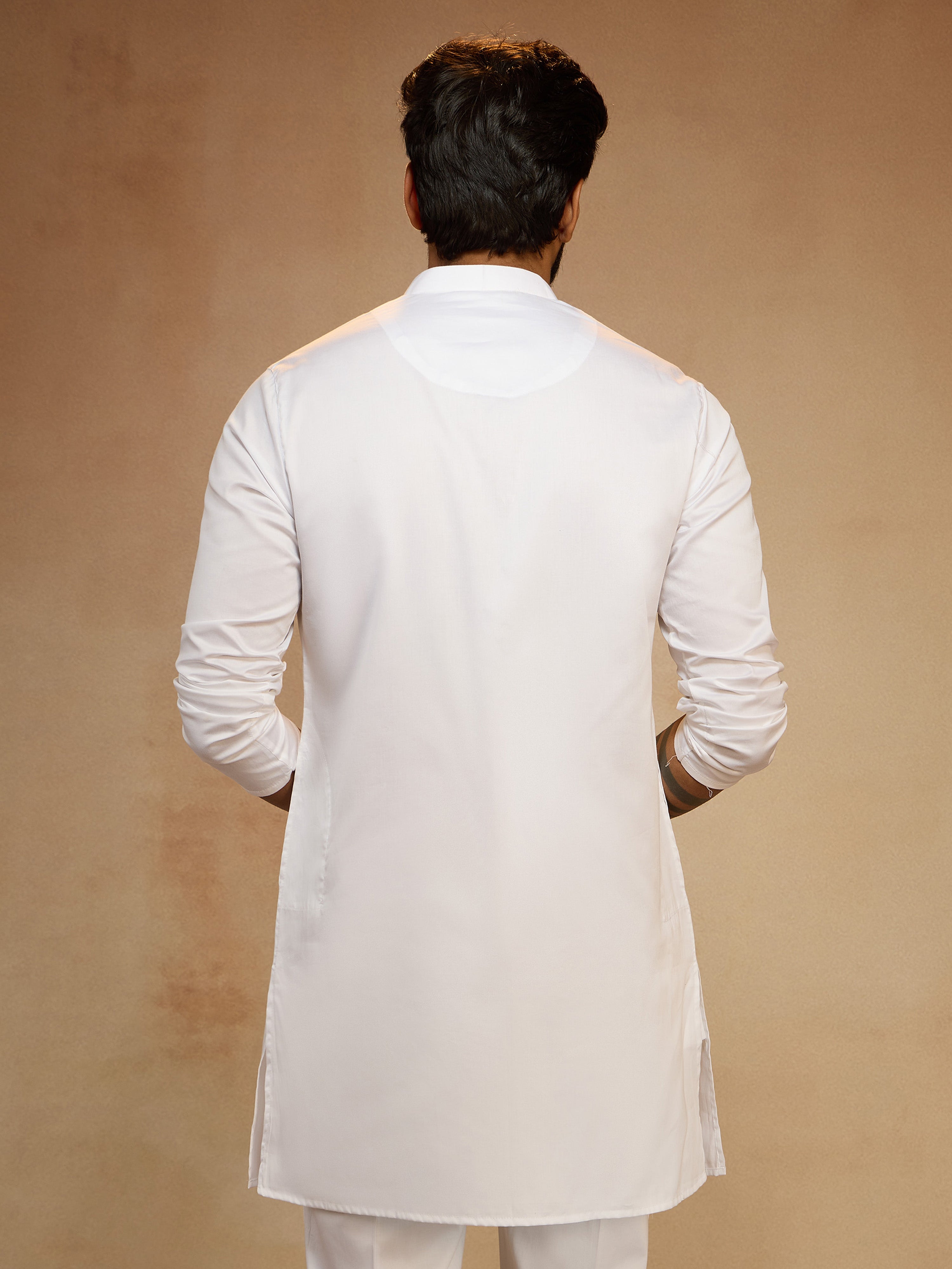 Men's White Satin Solid Thigh Length Kurta