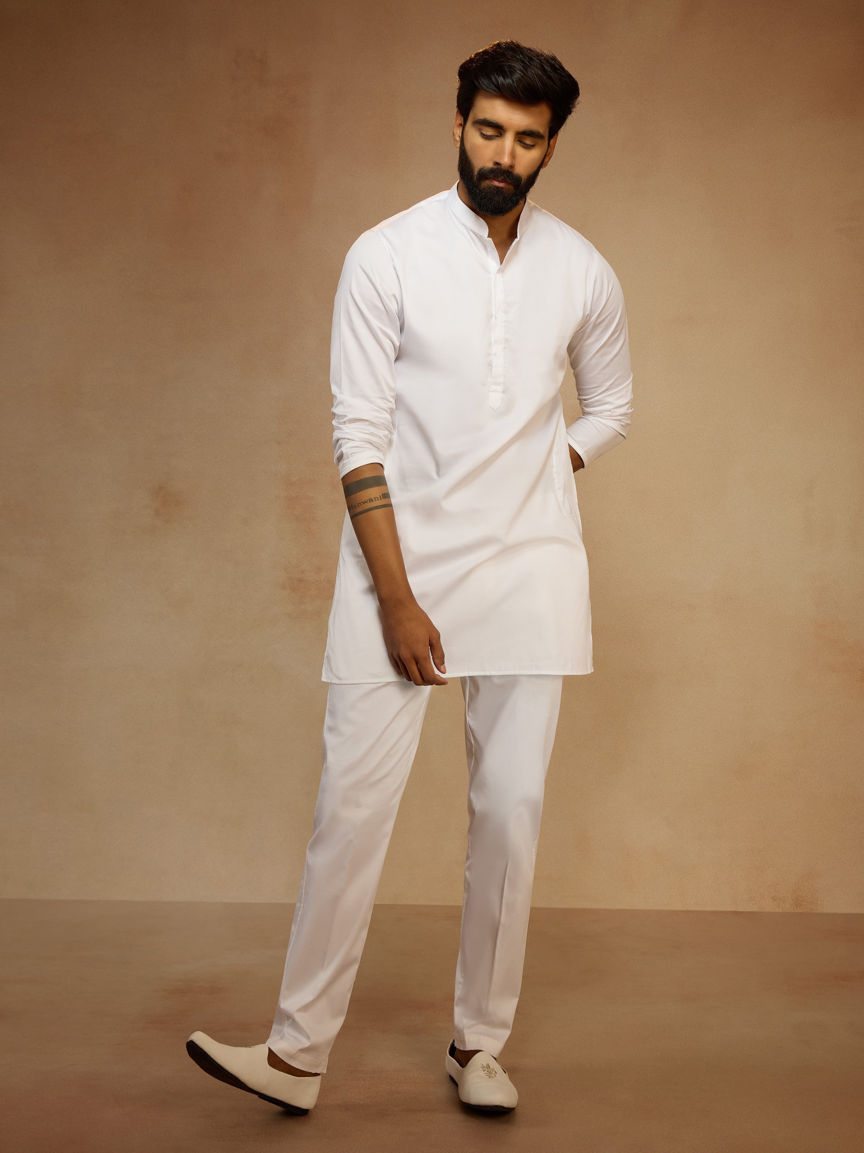 Men's White Satin Solid Thigh Length Kurta