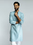 Men Aqua Cotton Blend Jacquard Embroidered Long Kurta with White Pyjama Set