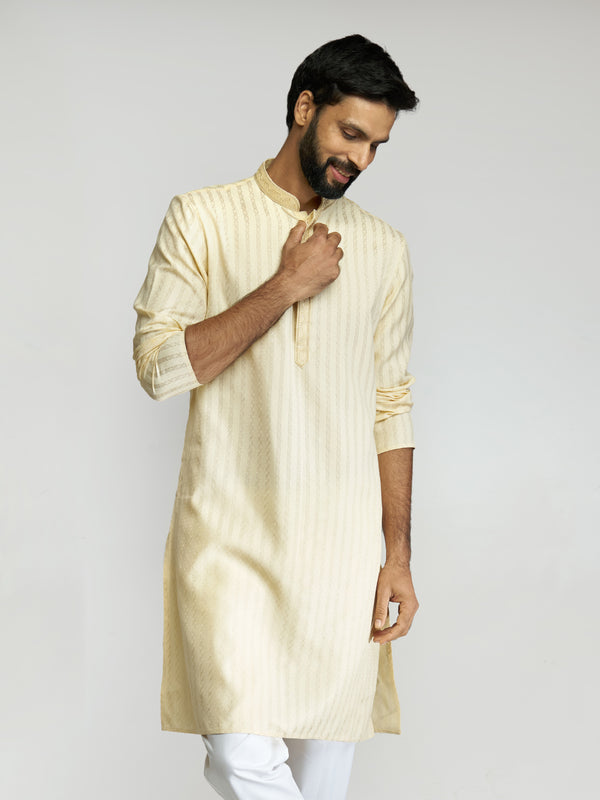 Men Yellow Cotton Blend Jacquard Embroidered Long Kurta