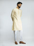 Men Yellow Cotton Blend Jacquard Embroidered Long Kurta with White Pyjama Set