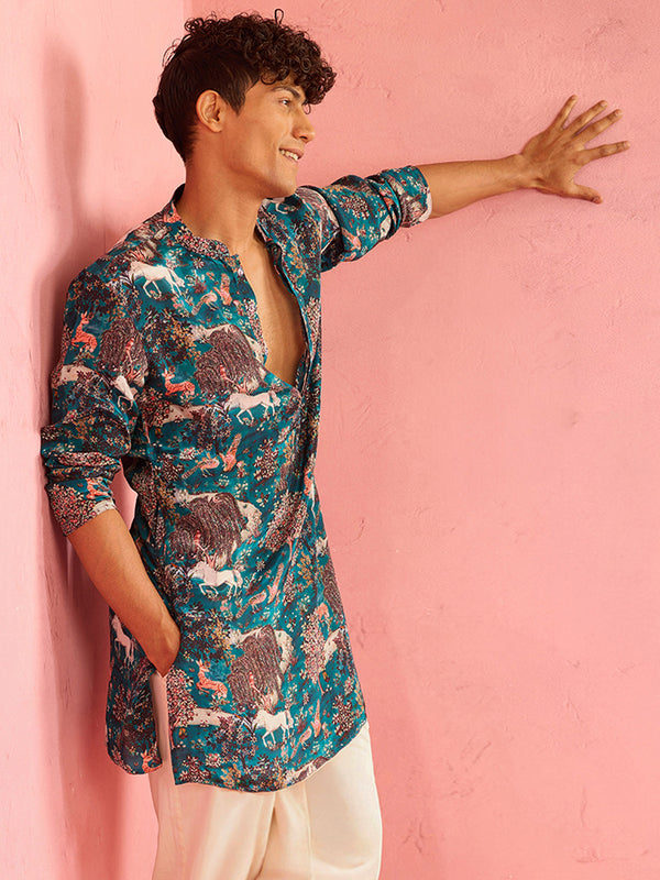 Men's Teal Crepe Animal Print Kurta | Mandarin Collar
