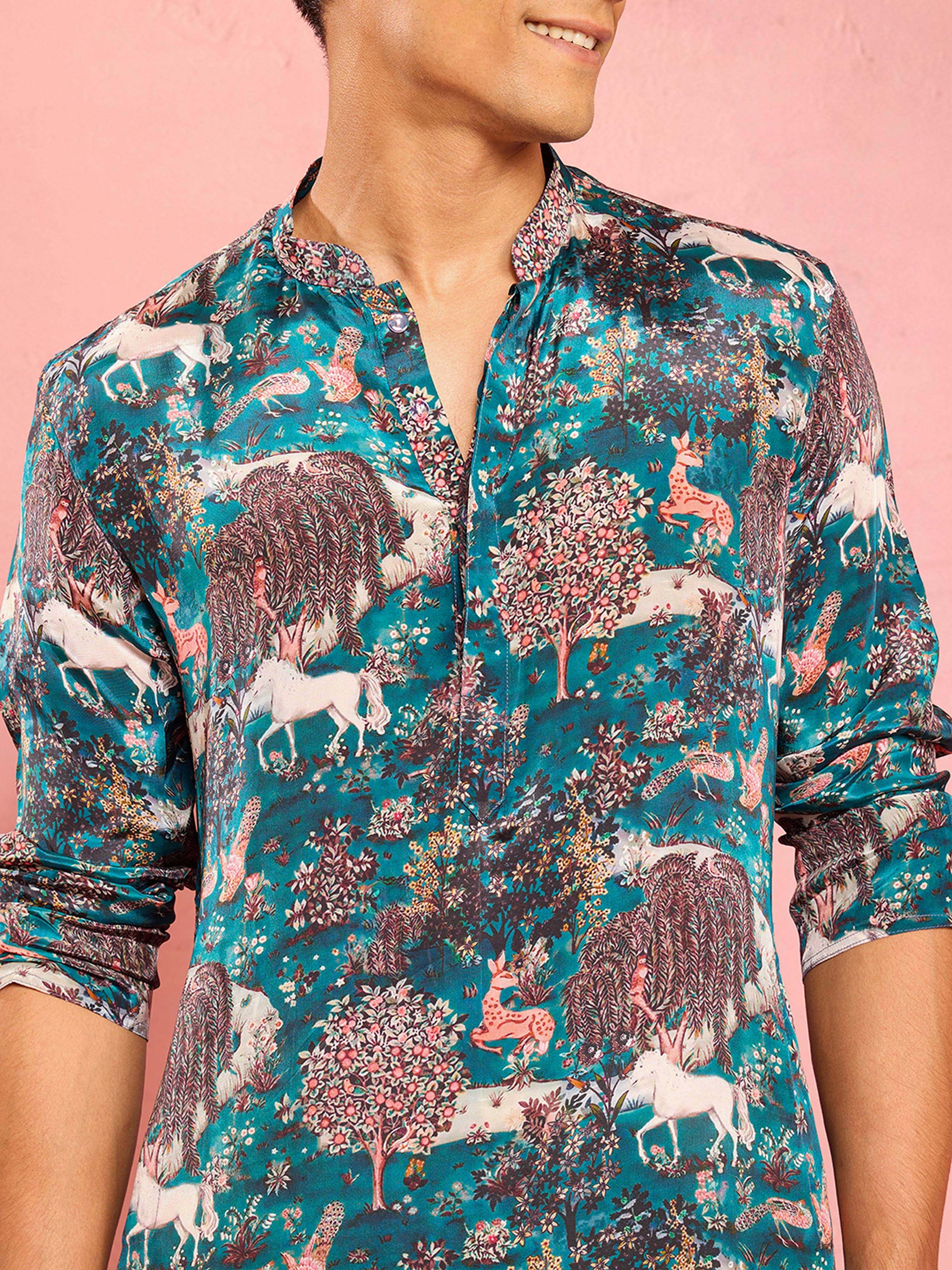Men's Teal Crepe Animal Thigh Length Kurta