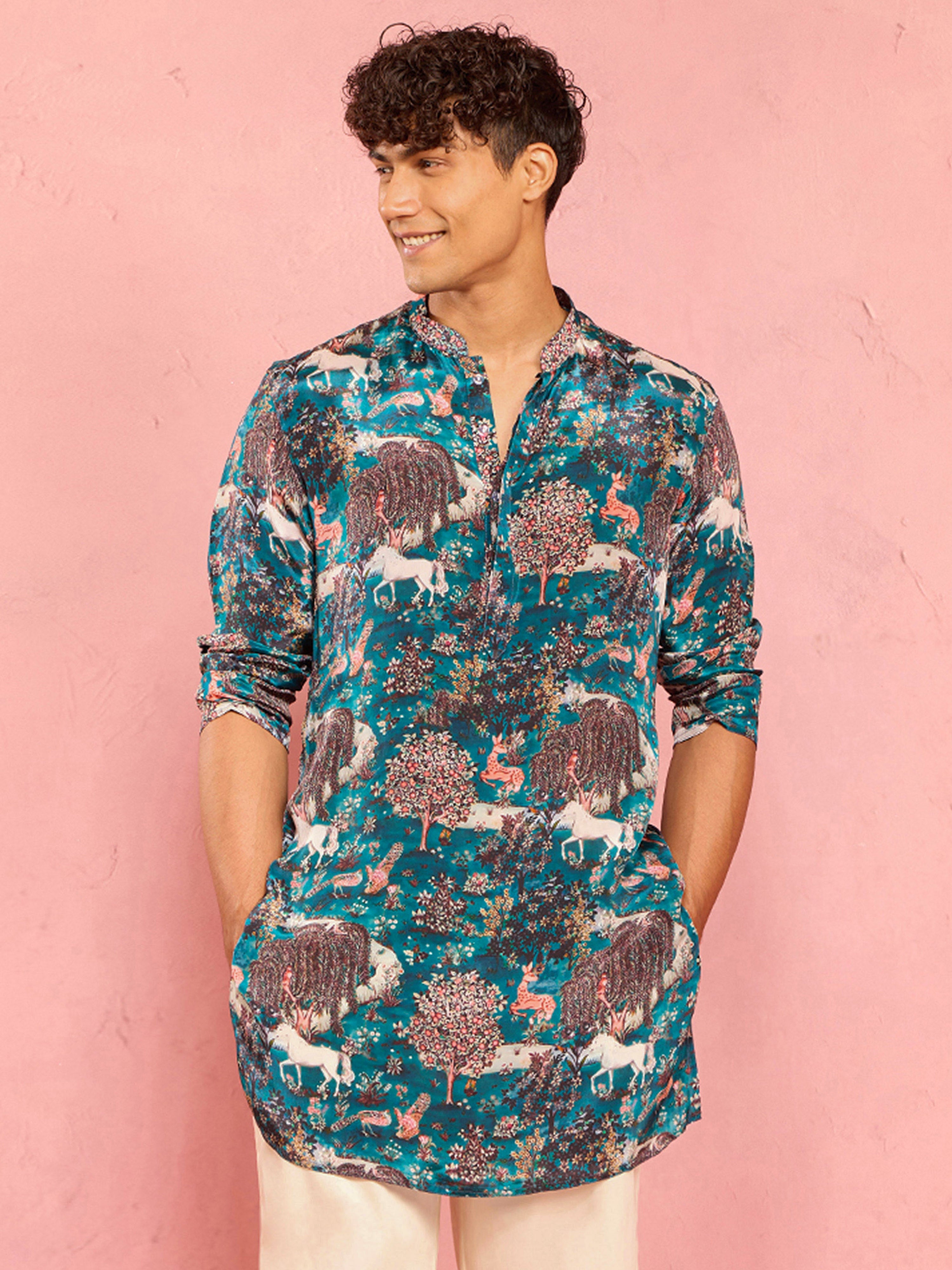 Men's Teal Crepe Animal Thigh Length Kurta