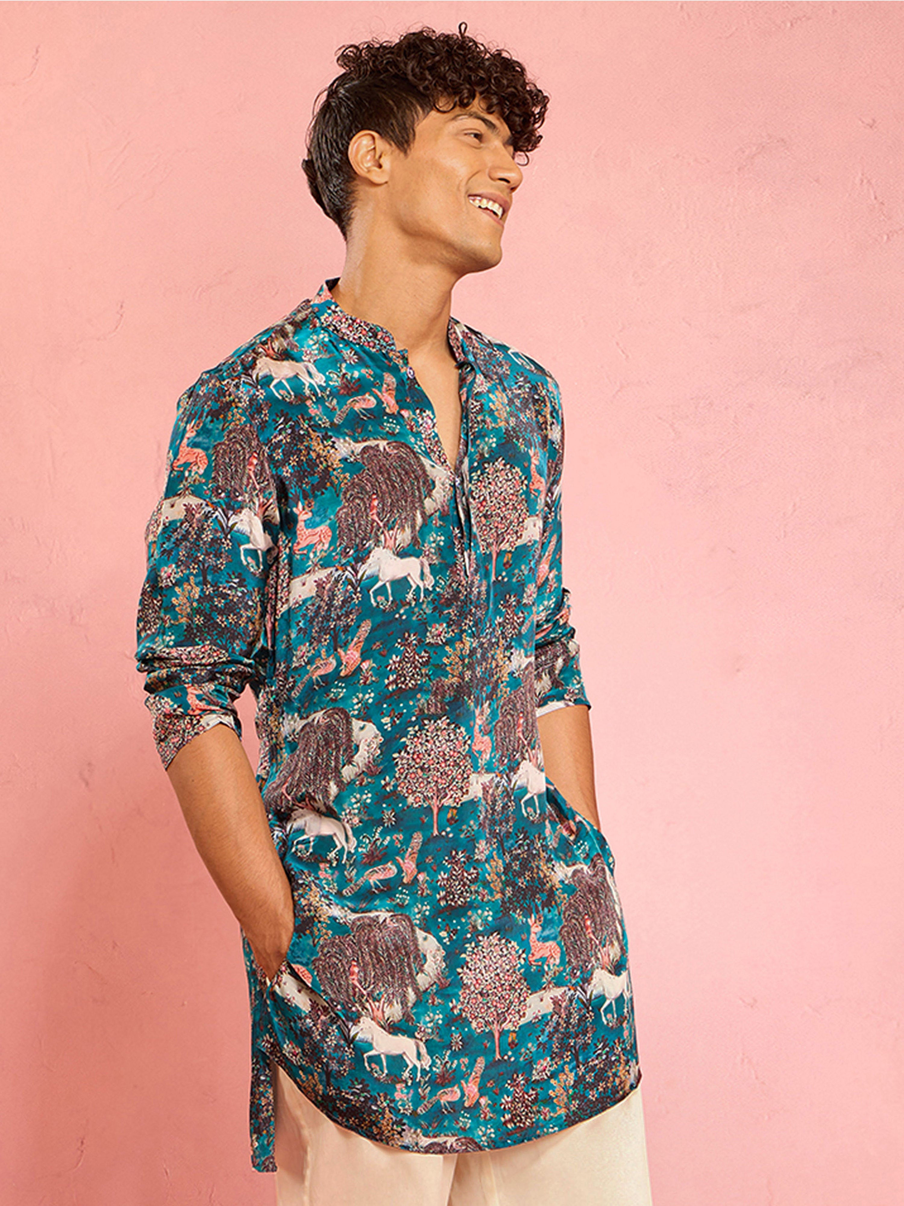 Men's Teal Crepe Animal Thigh Length Kurta