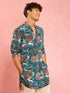 Men's Teal Crepe Animal Thigh Length Kurta