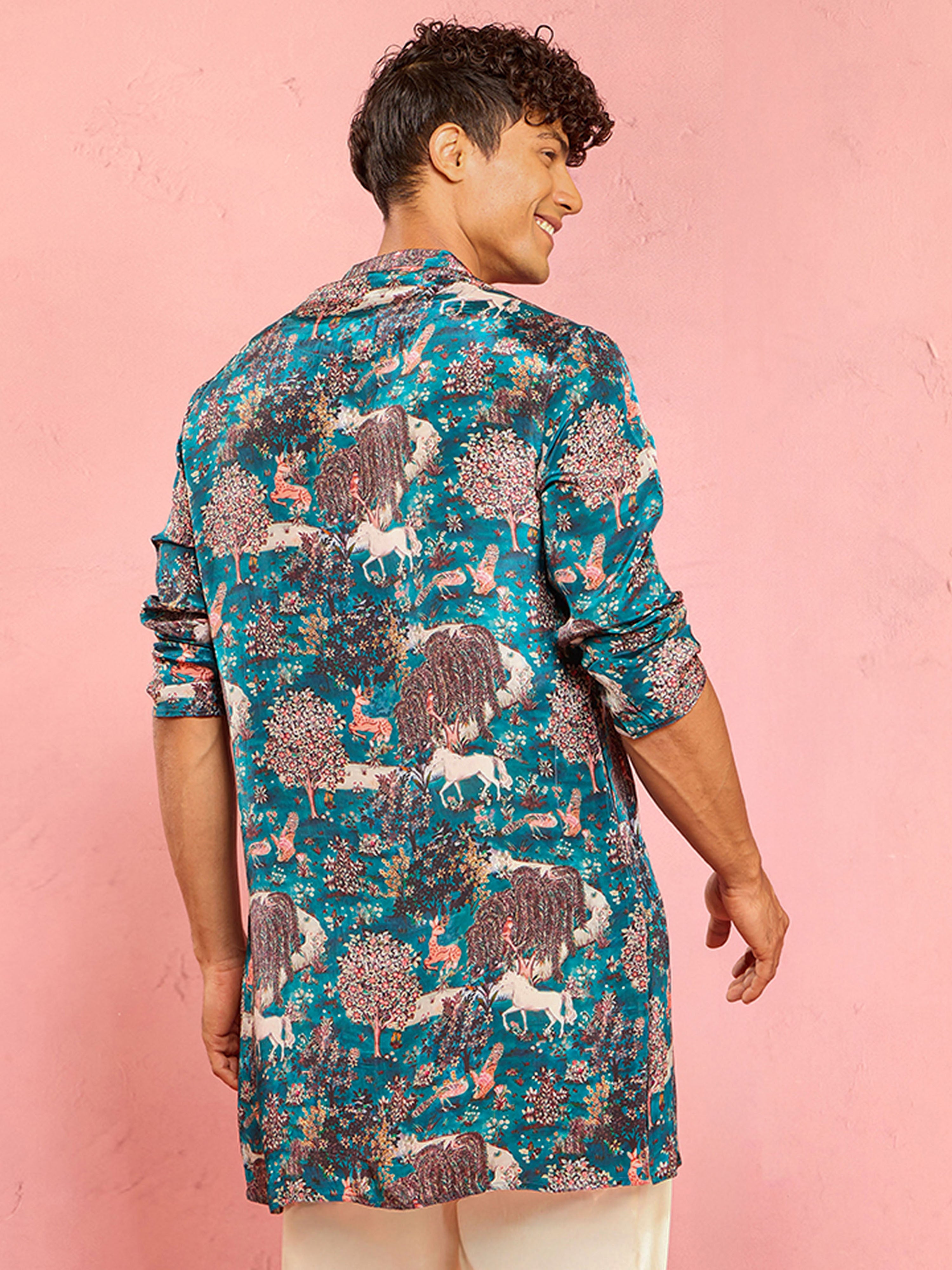 Men's Teal Crepe Animal Thigh Length Kurta