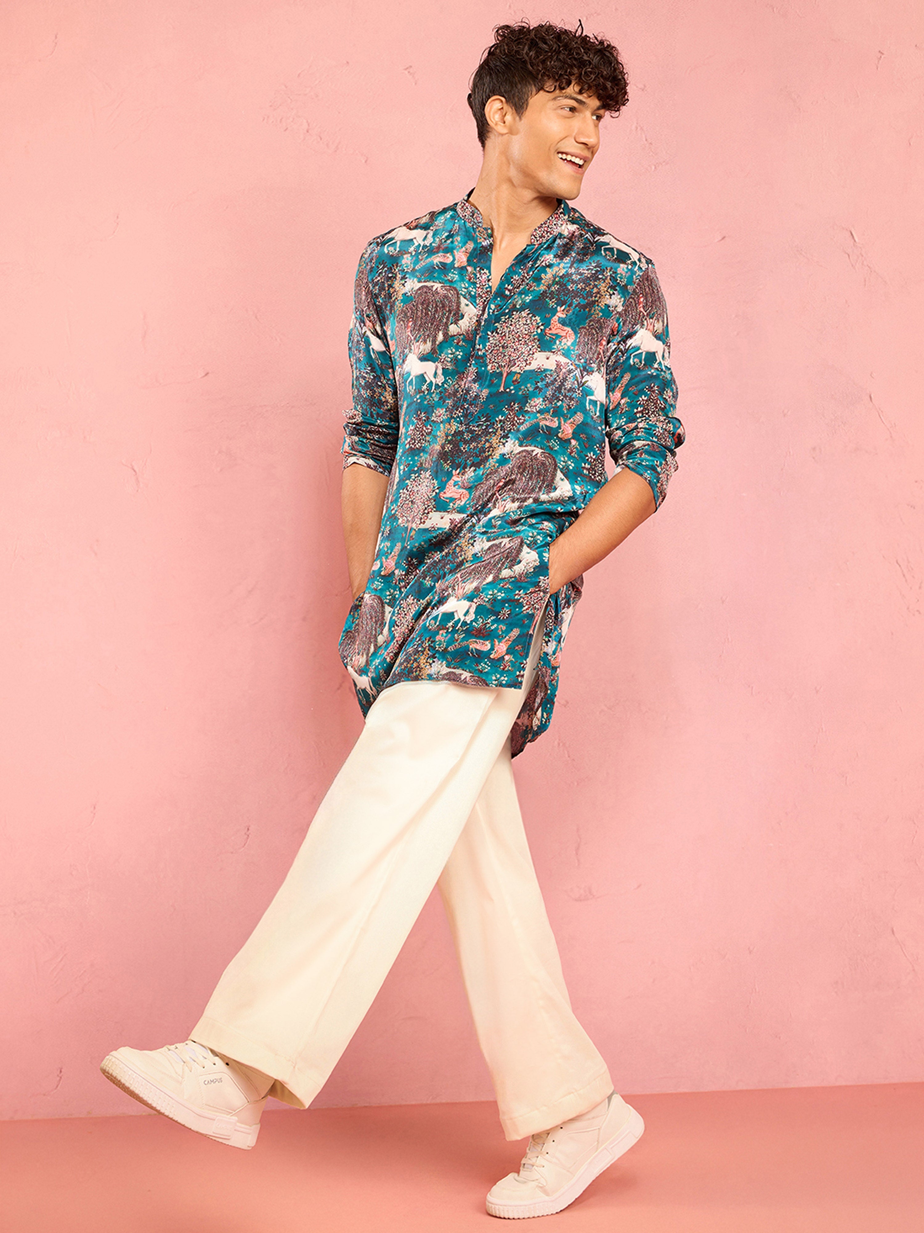 Men's Teal Crepe Animal Thigh Length Kurta