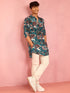 Teal Crepe Animal Print Kurta Pant Set for Men