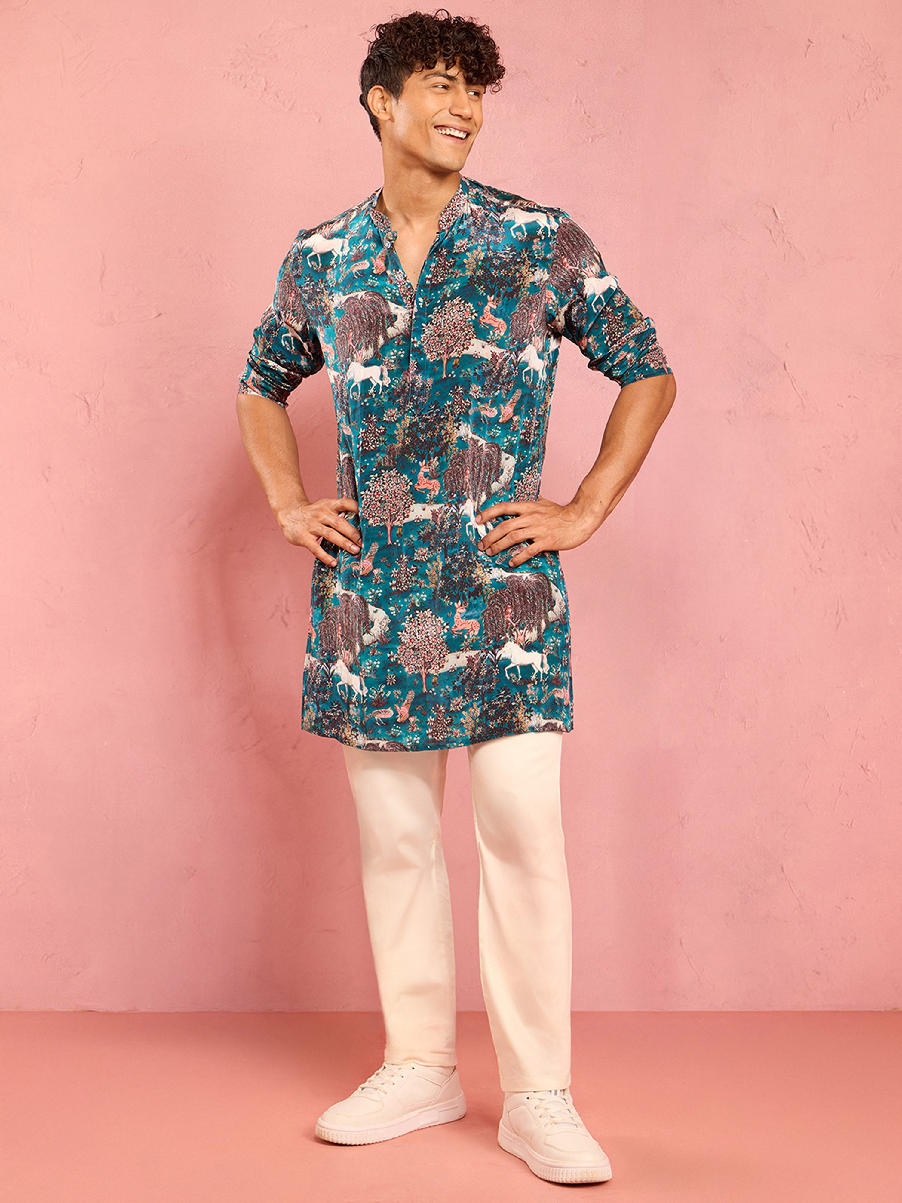 Men's Teal Crepe Animal Thigh Length Kurta Pant Set with Pyjama