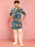 Men's Teal Crepe Animal Thigh Length Kurta Pant Set with Pyjama