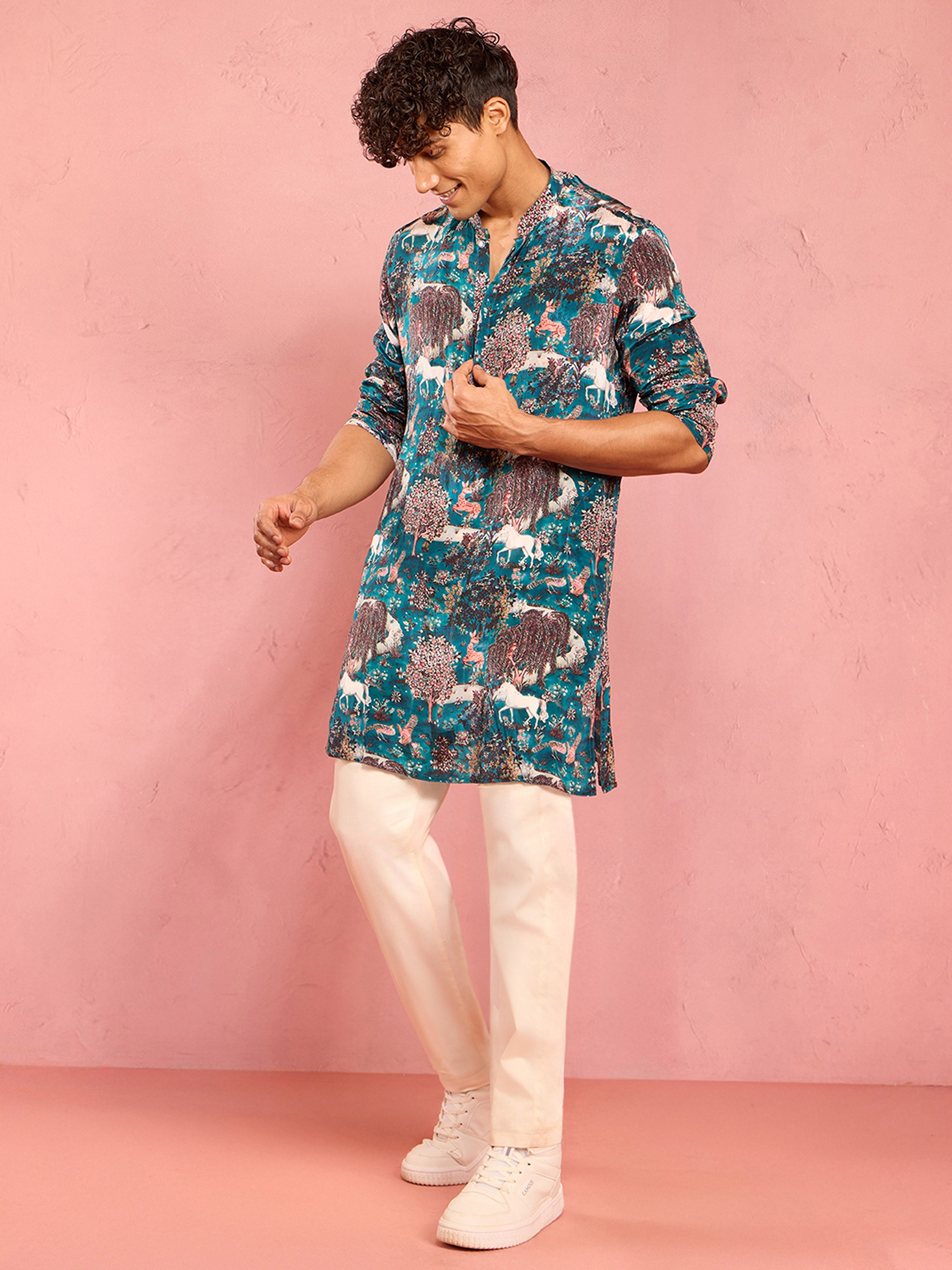 Men's Teal Crepe Animal Thigh Length Kurta Pant Set with Pyjama