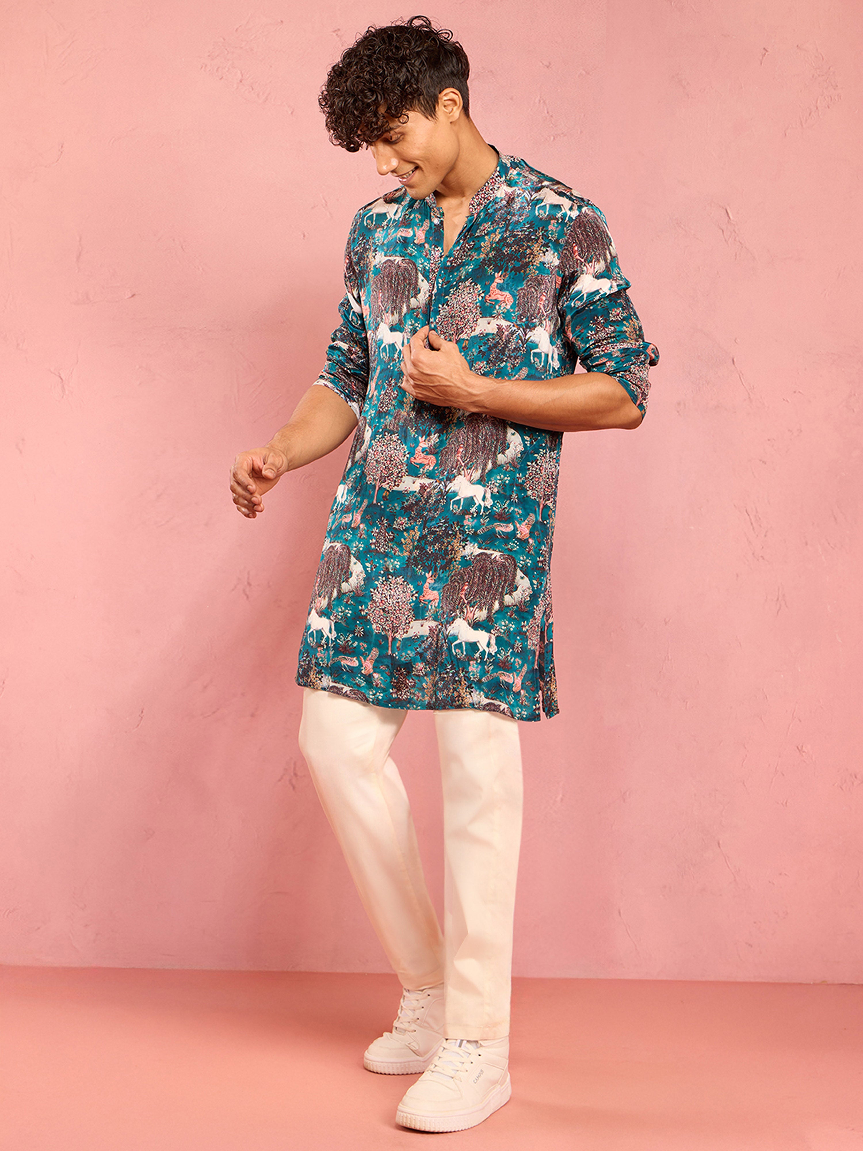 Men's Teal Abstract Printed Plain Thigh Length Kurta Pant Set with Pyjama