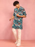 Men's Teal Abstract Printed Plain Thigh Length Kurta Pant Set with Pyjama