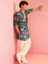 Men's Teal Crepe Animal Print Kurta Pant Set