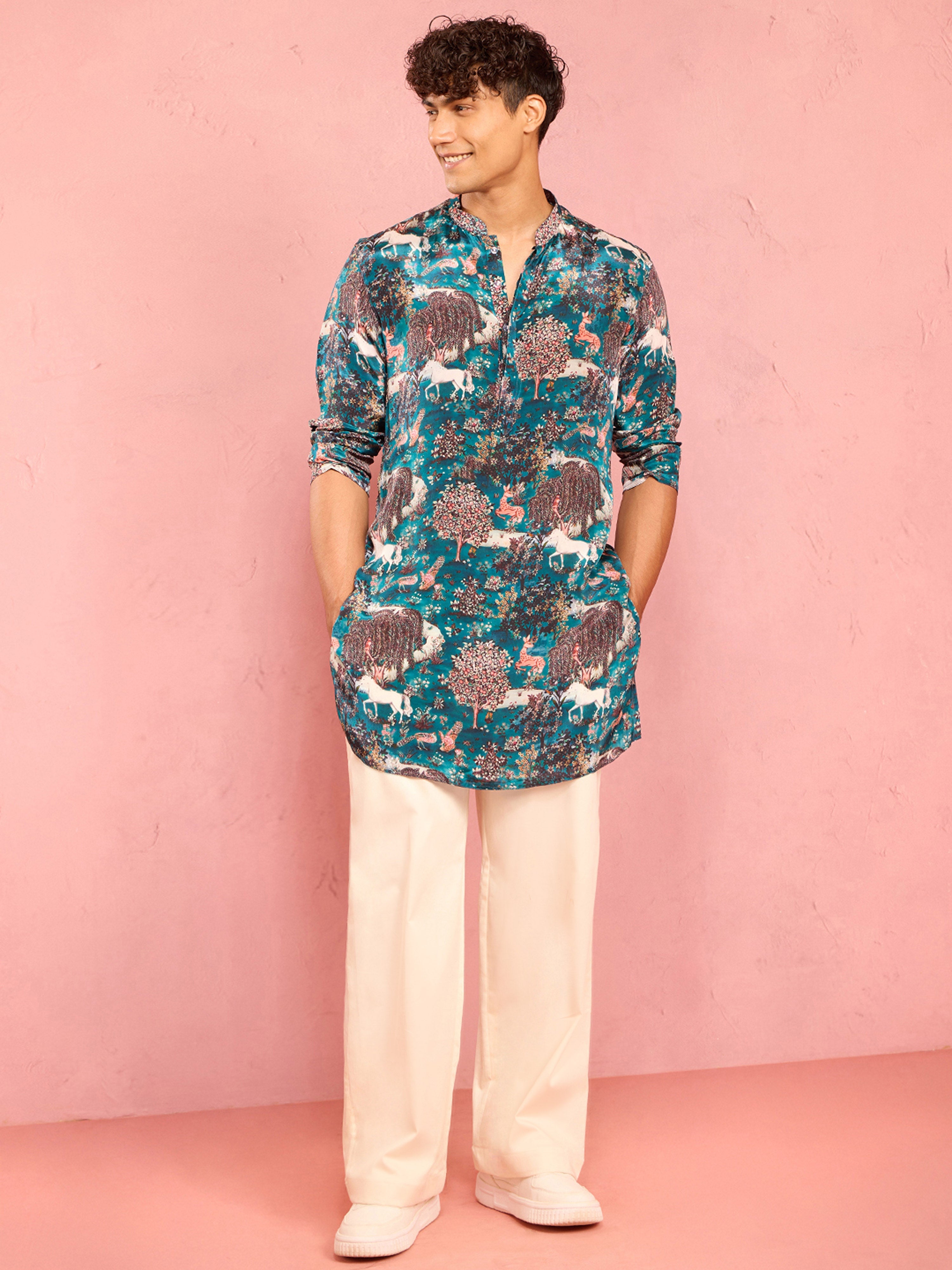 Men's Teal Crepe Animal Thigh Length Kurta Pant Set with Wide Leg Pant