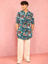 Men's Teal Crepe Animal Thigh Length Kurta Pant Set with Wide Leg Pant