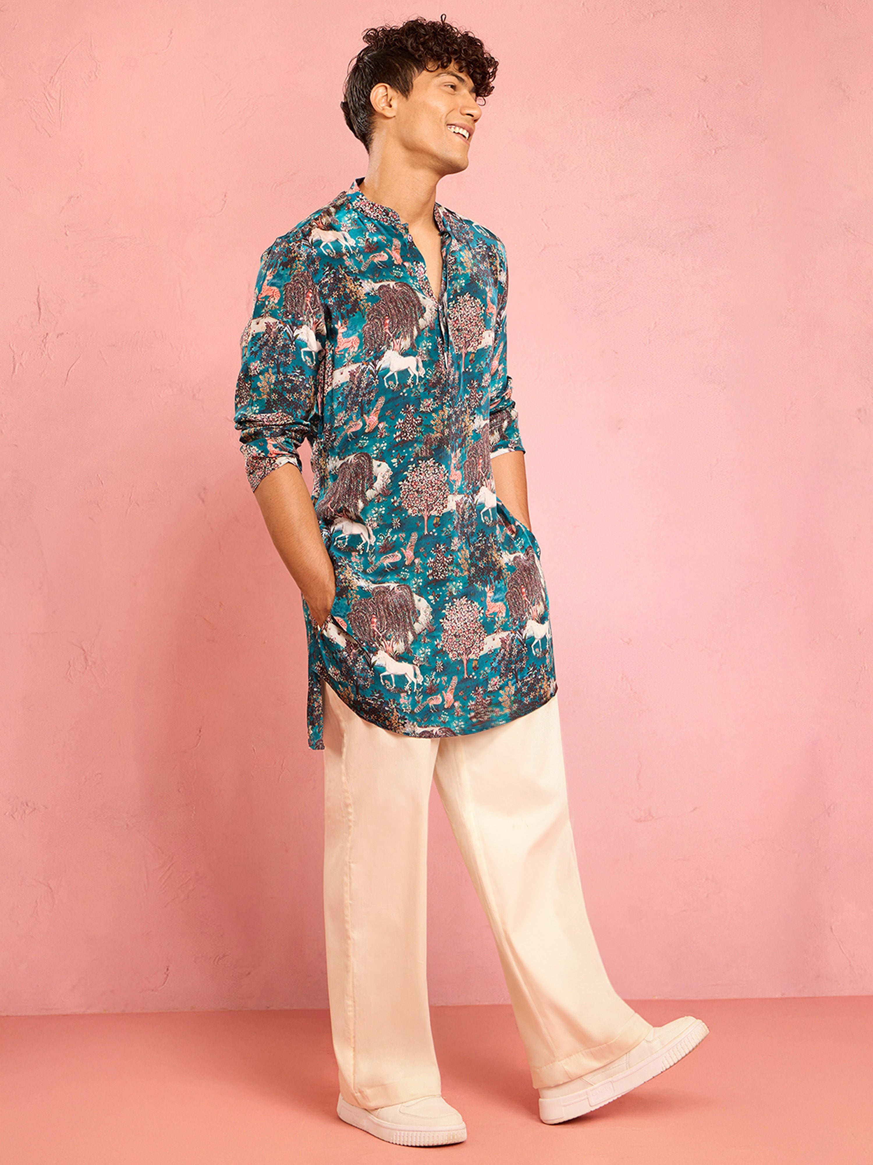 Men's Teal Crepe Animal Thigh Length Kurta Pant Set with Wide Leg Pant
