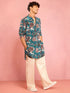 Men's Teal Crepe Animal Thigh Length Kurta Pant Set with Wide Leg Pant
