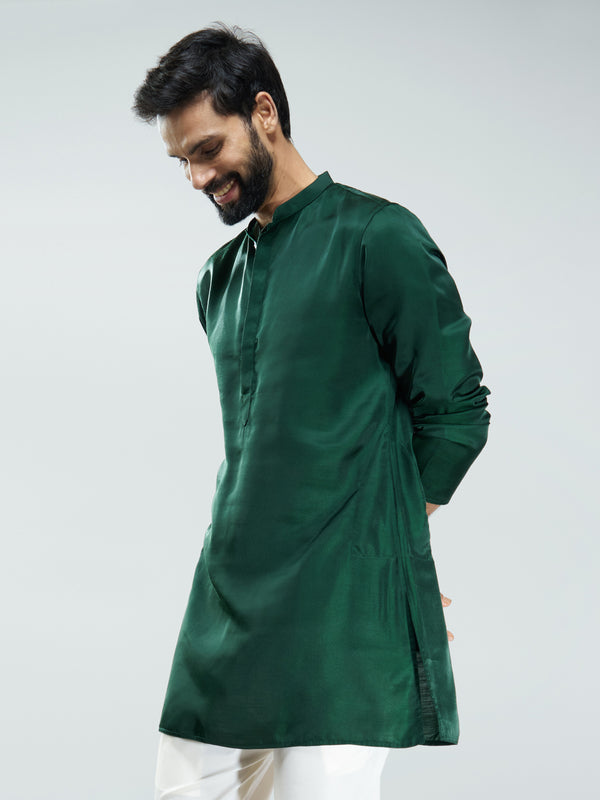 Men Bottle Green Silk Solid Kurta