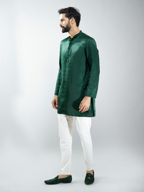 Men Bottle Green Silk Blend Kurta with Cream Cotton Lycra Pyjama Set