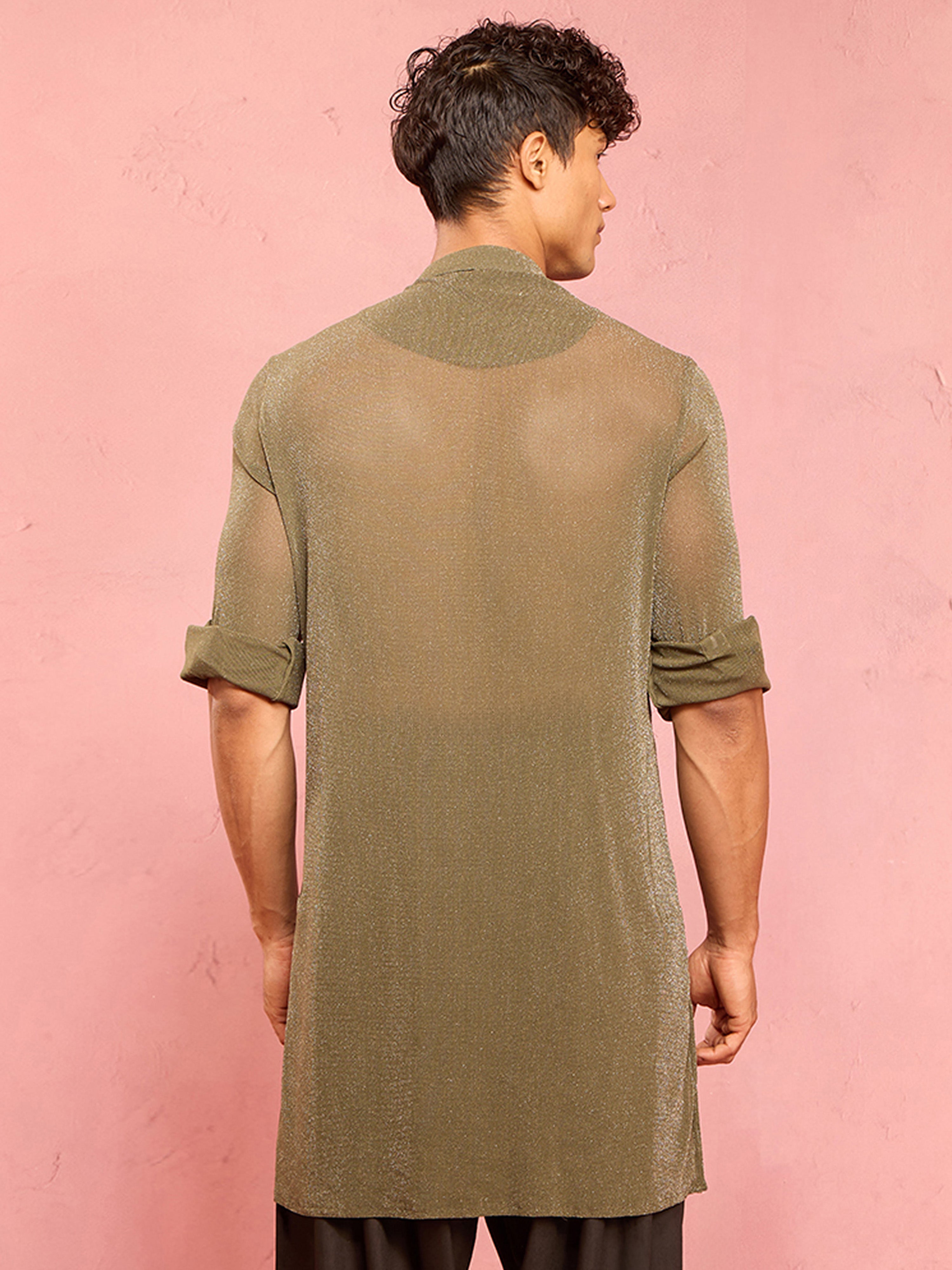 Men's Mehendi Green Solid Lycra Long Kurta