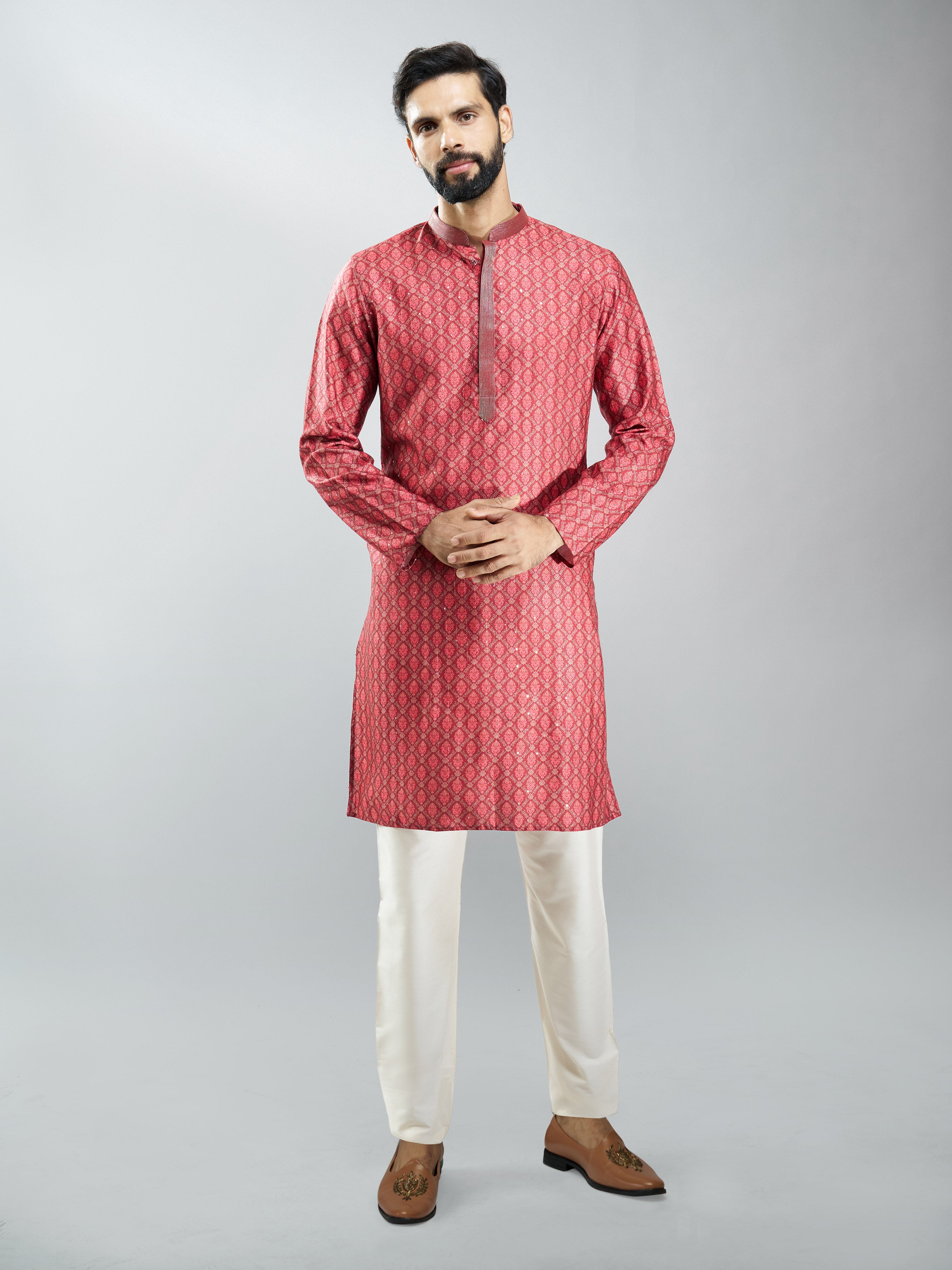 Men Maroon Silk Blend Digital Print Kurta Set with Cream Pyjama