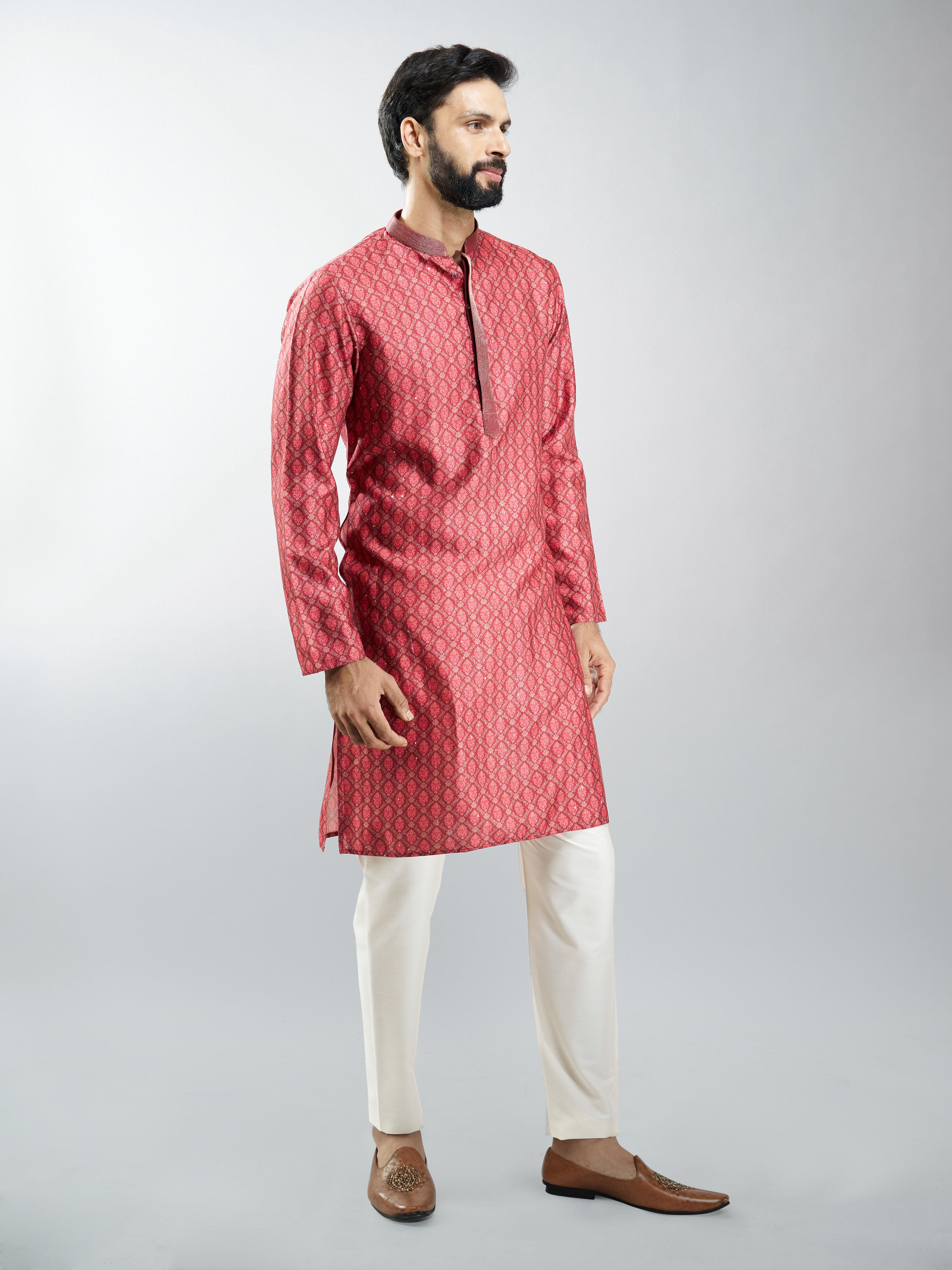 Men Maroon Silk Blend Digital Print Kurta Set with Cream Pyjama