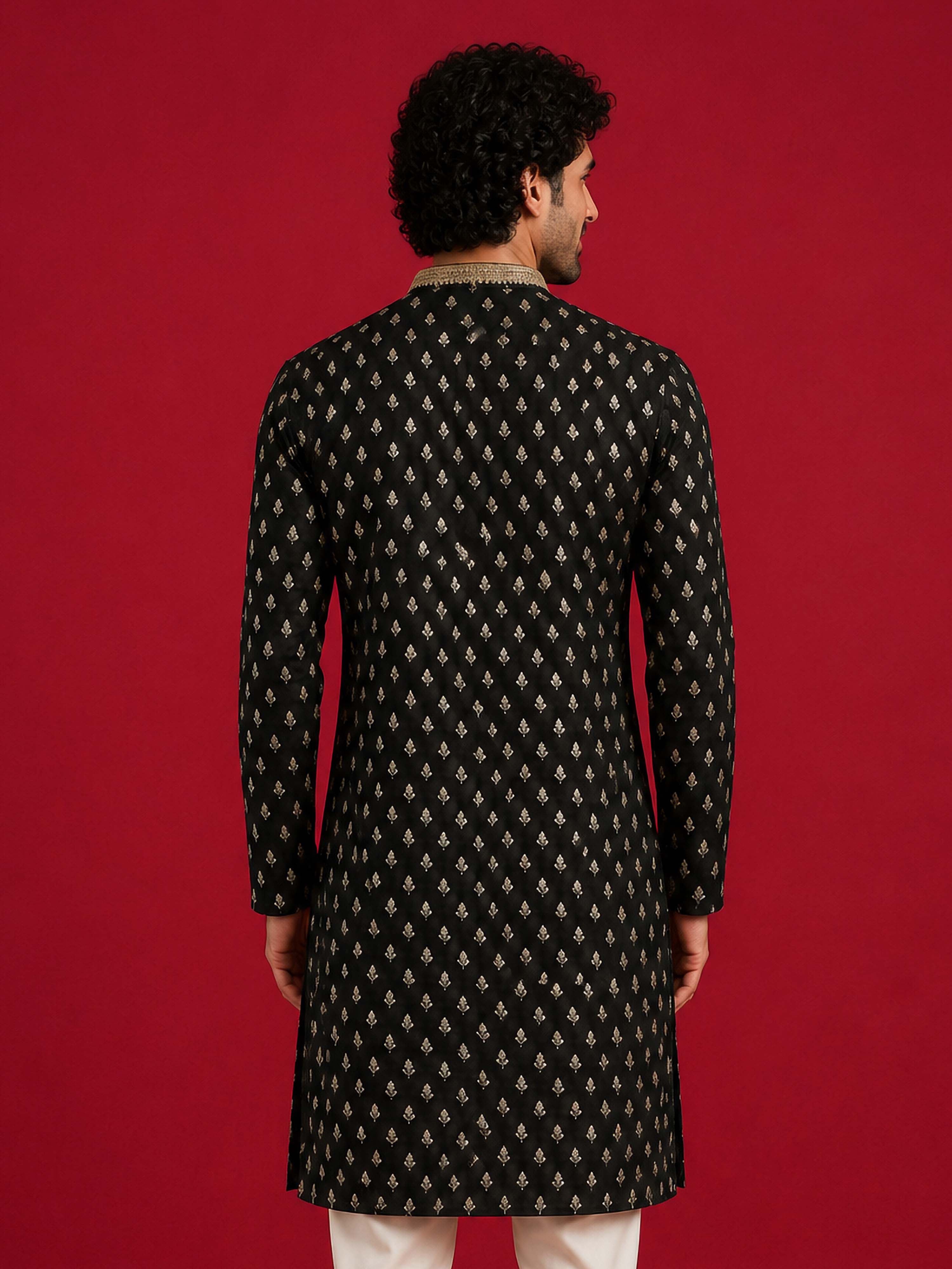 Men's Black Viscose Embroidered Knee Length Kurta