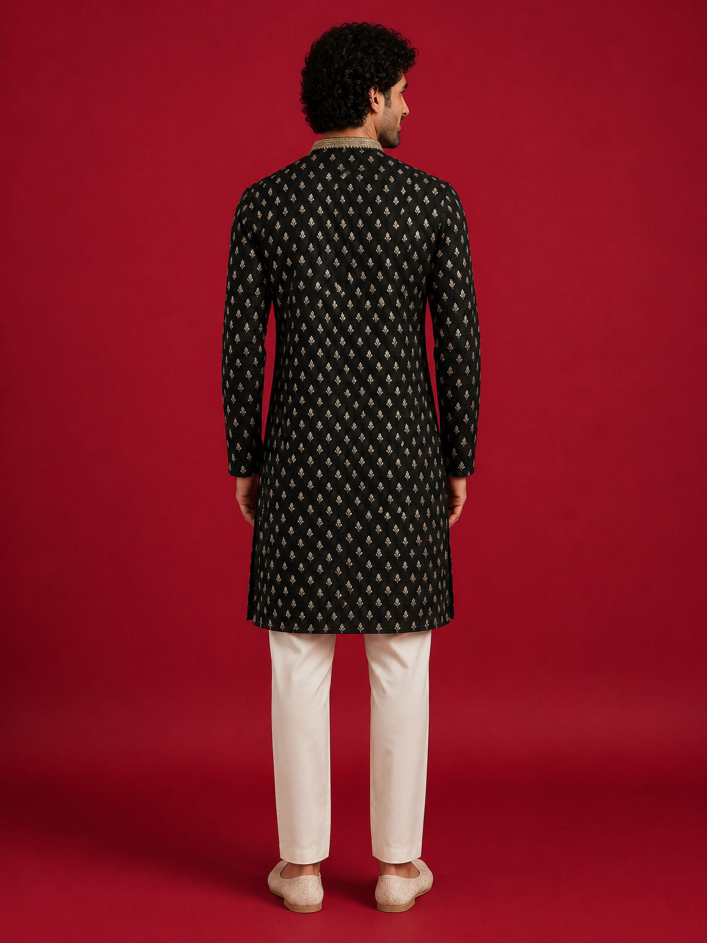 Men's Black Viscose Embroidered Knee Length Kurta with Pyjama
