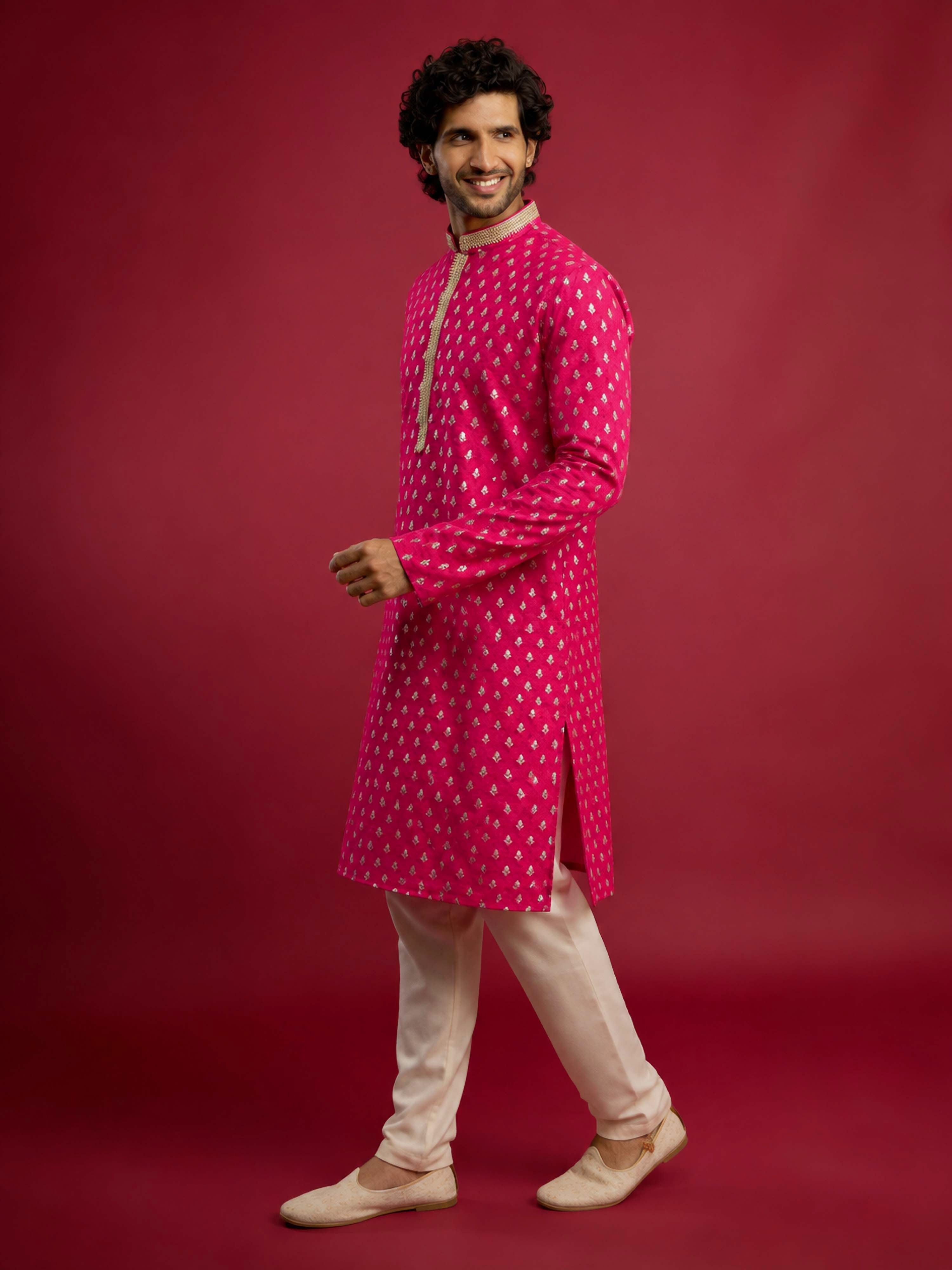 Men's Purple Viscose Self Design Knee Length Kurta with Pyjama