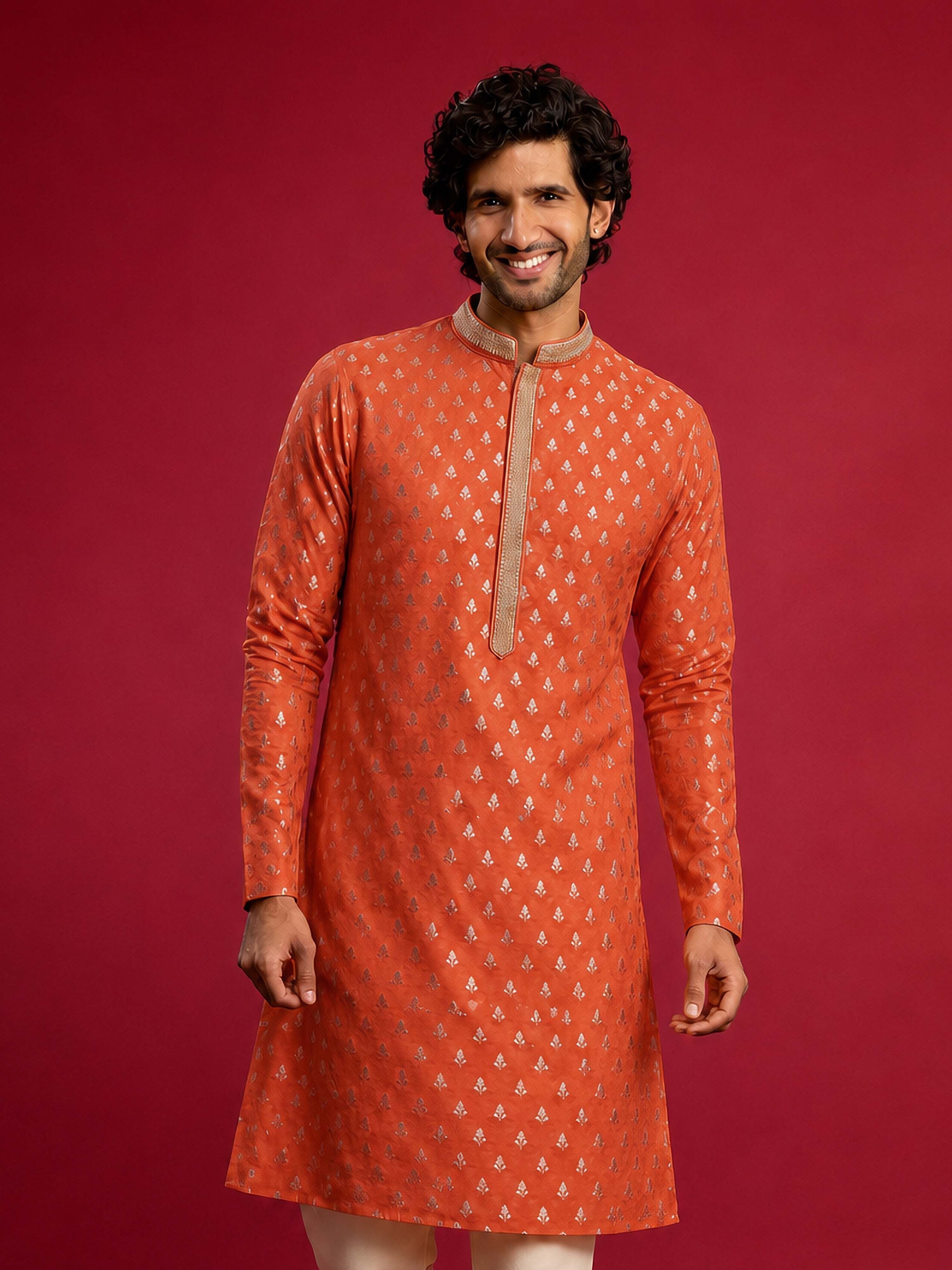 Men Orange Viscose Kurta Navratri, Diwali, Wedding, Festive, Festive Glitz, Durga Puja Ethnic Wear