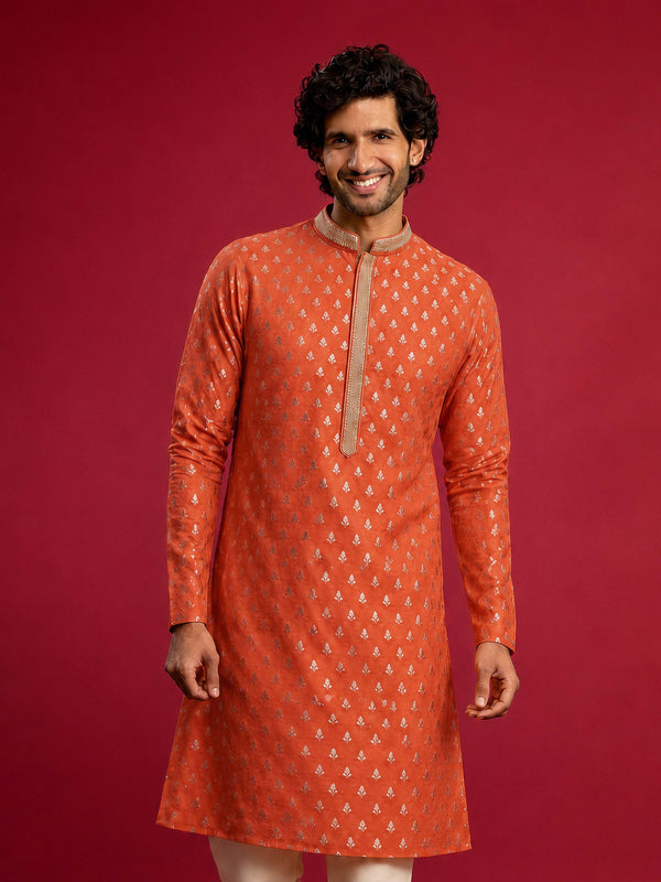 Men Orange Viscose Kurta Navratri, Diwali, Wedding, Festive, Festive Glitz, Durga Puja Ethnic Wear