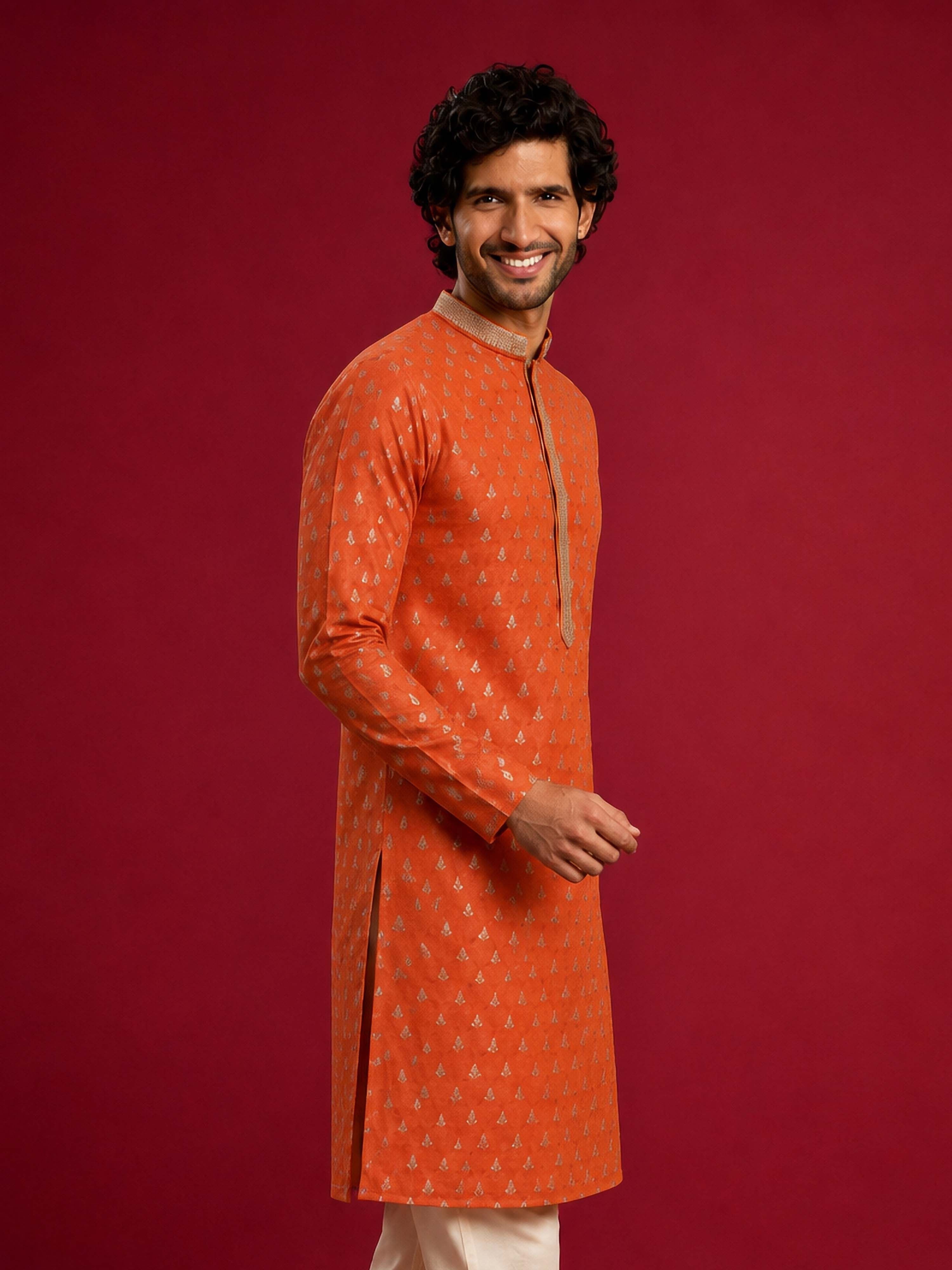 Men's Orange Viscose Self Design Knee Length Kurta