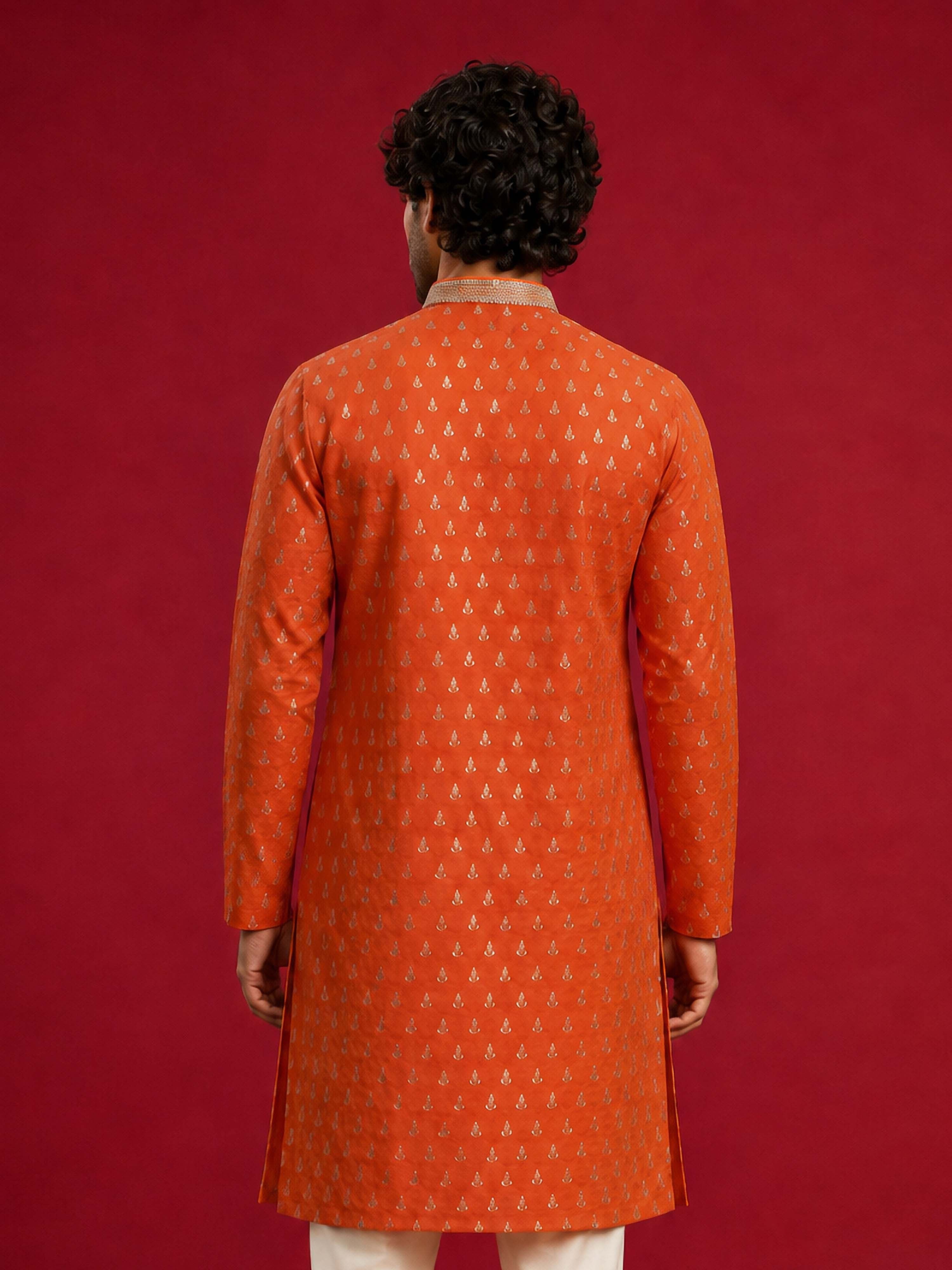 Men's Orange Viscose Self Design Knee Length Kurta
