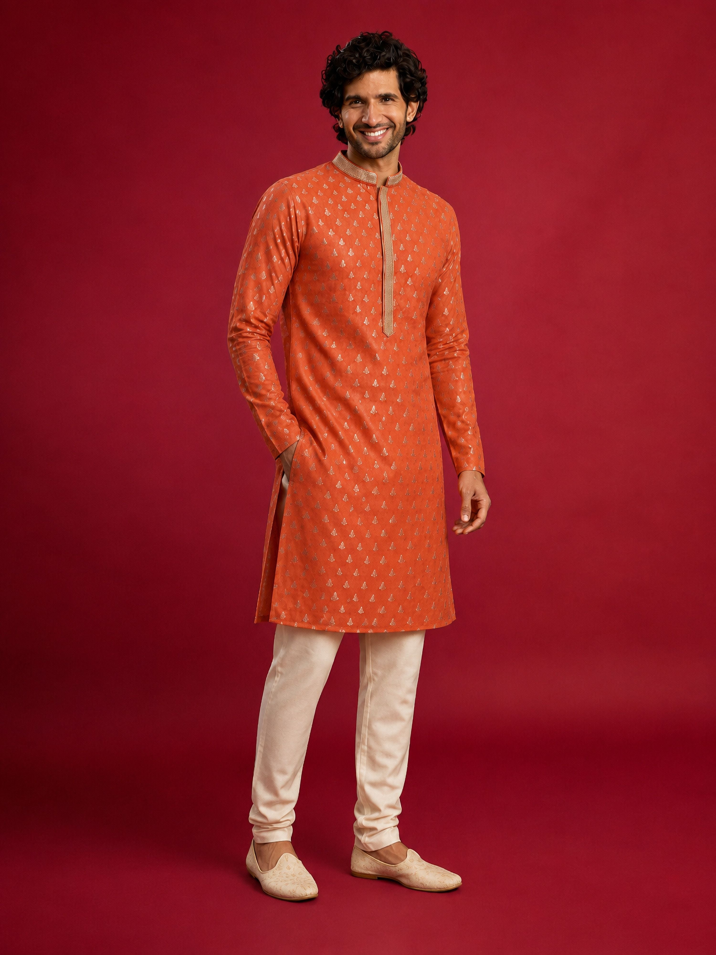 Men Orange Viscose Kurta with Pyjama Navratri, Diwali, Wedding, Festive, Festive Glitz, Durga Puja Ethnic Wear