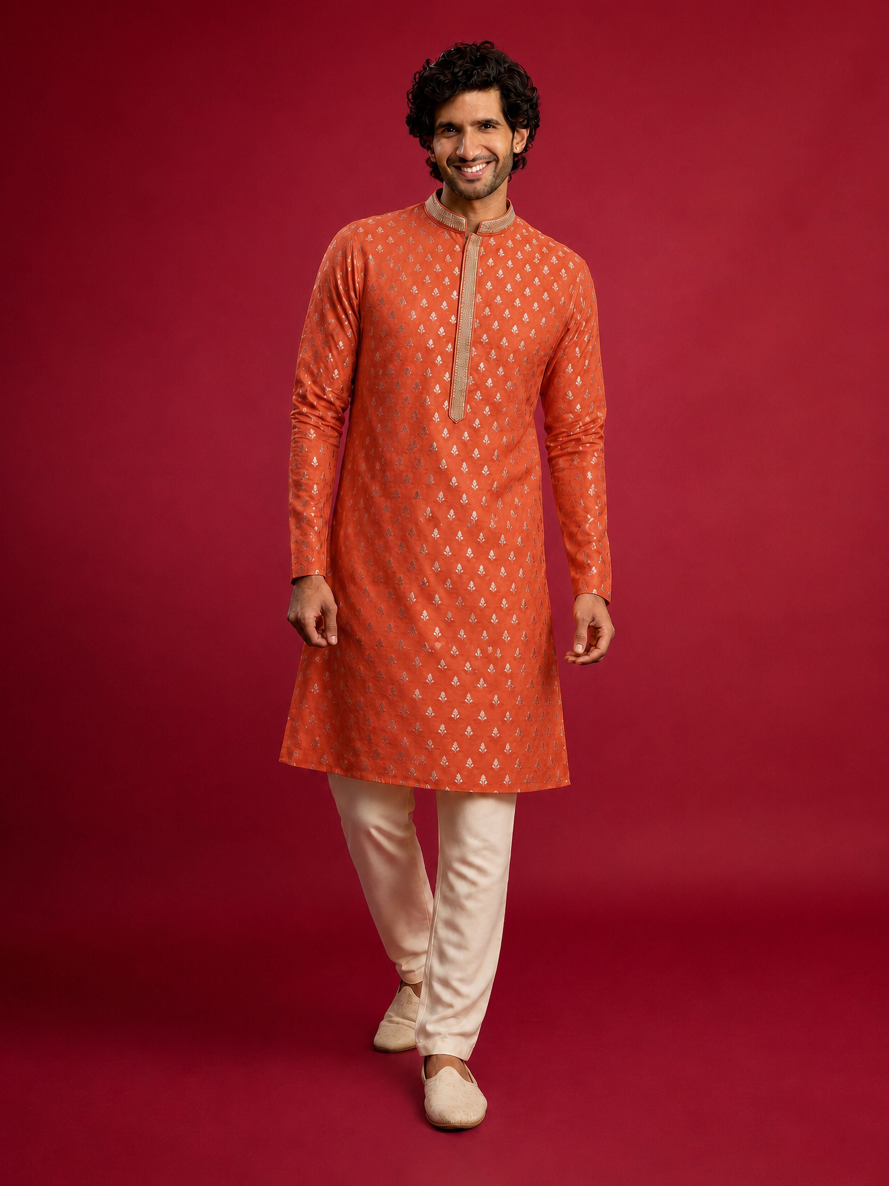 Men's Orange Viscose Self Design Knee Length Kurta with Pyjama