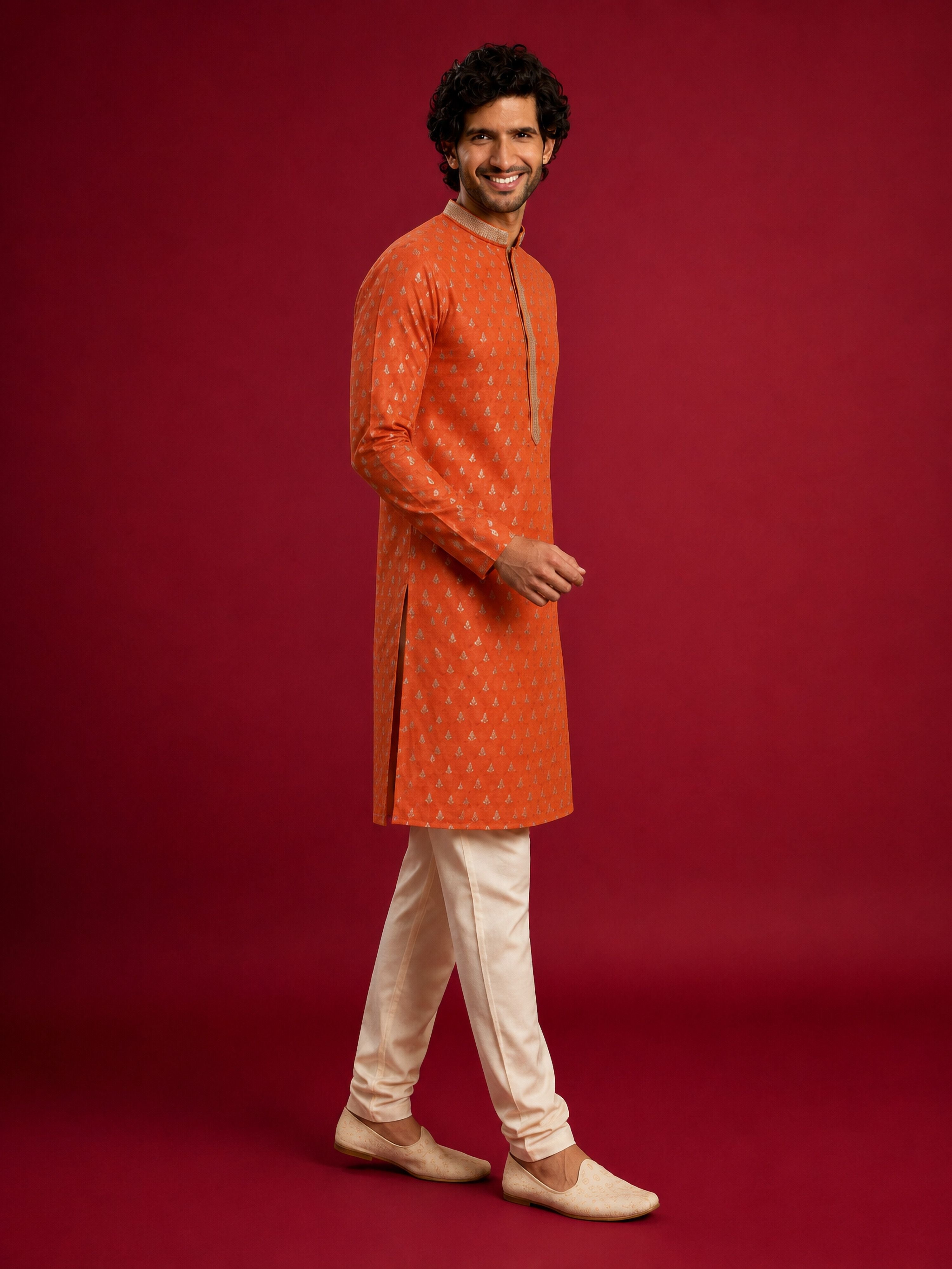 Men's Orange Viscose Self Design Knee Length Kurta with Pyjama
